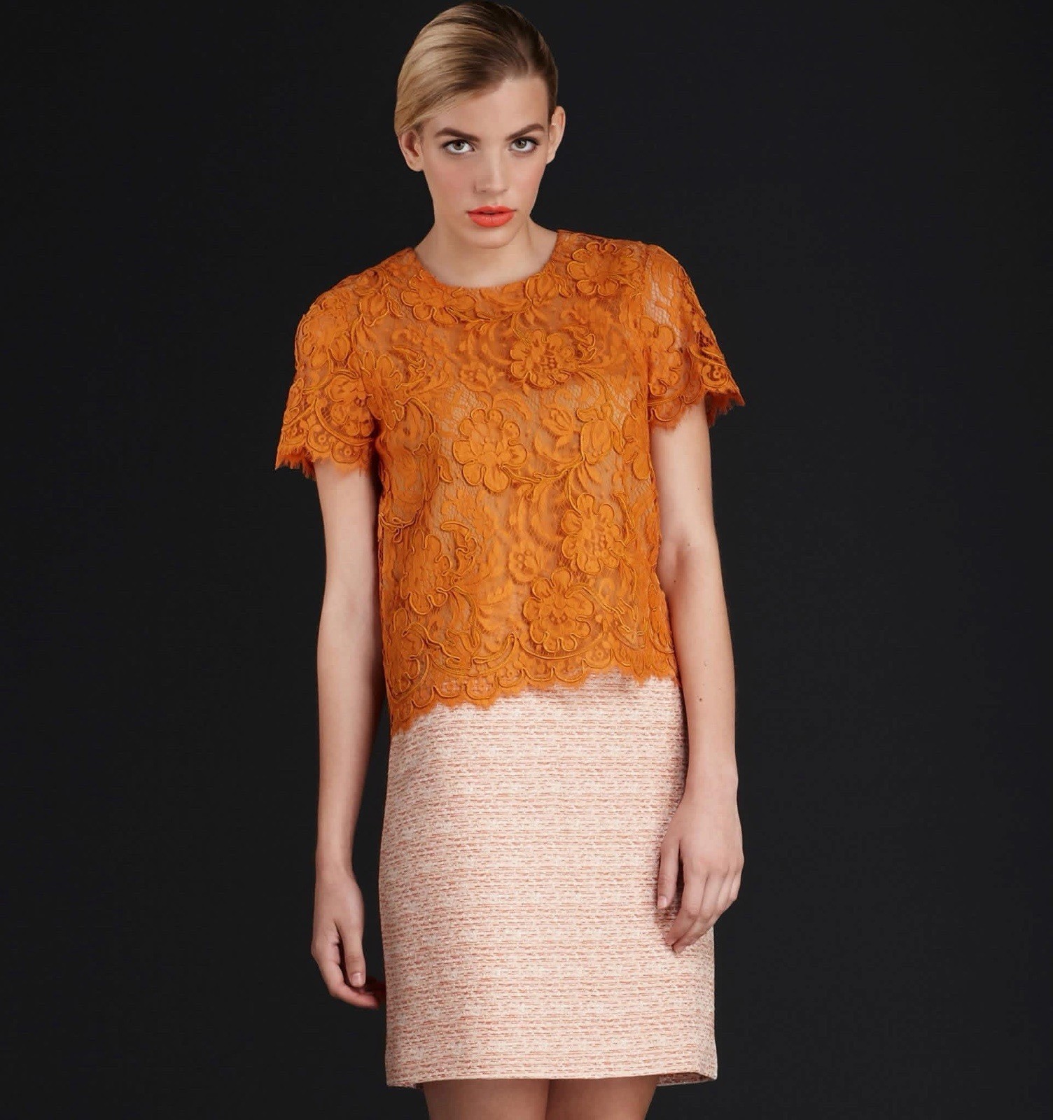 Crystal Jo Burnt Orange Lace Top, Size 8