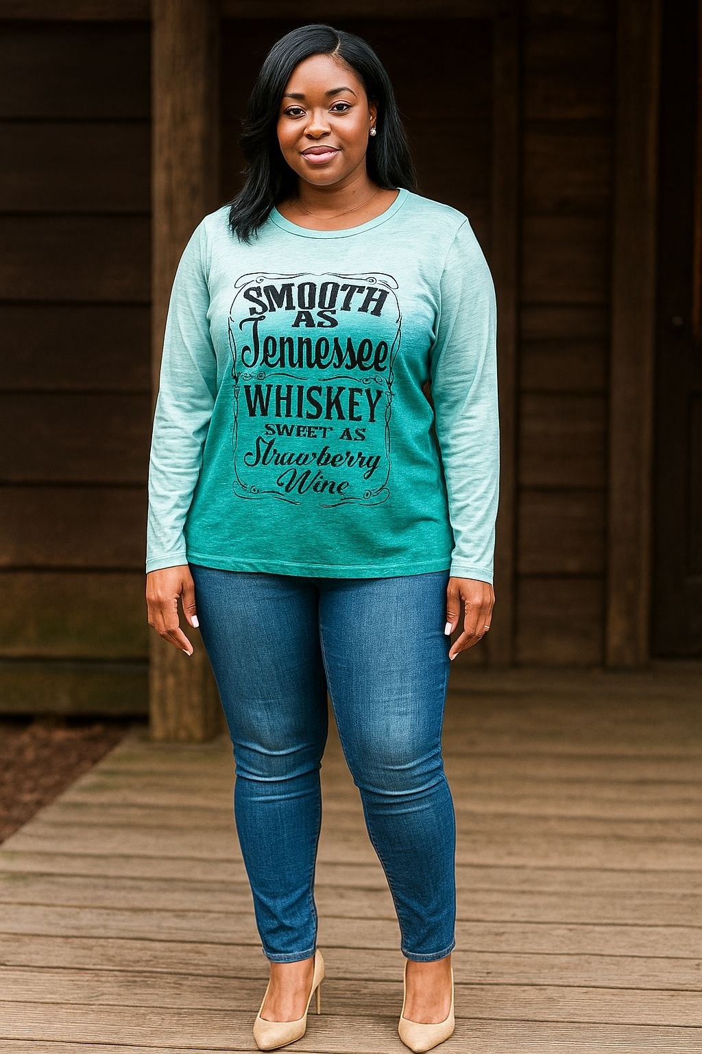 Womens Large Top Smooth As Tennessee Whiskey Graphic Long Sleeve Teal Ombre