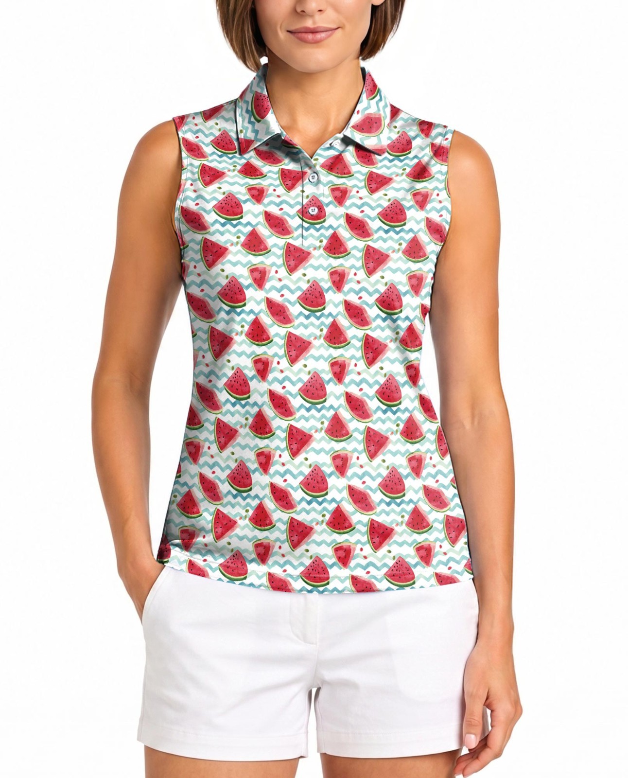 Women Sleeveless Polo Shirt Watermelon Fruit Food Tropical Top