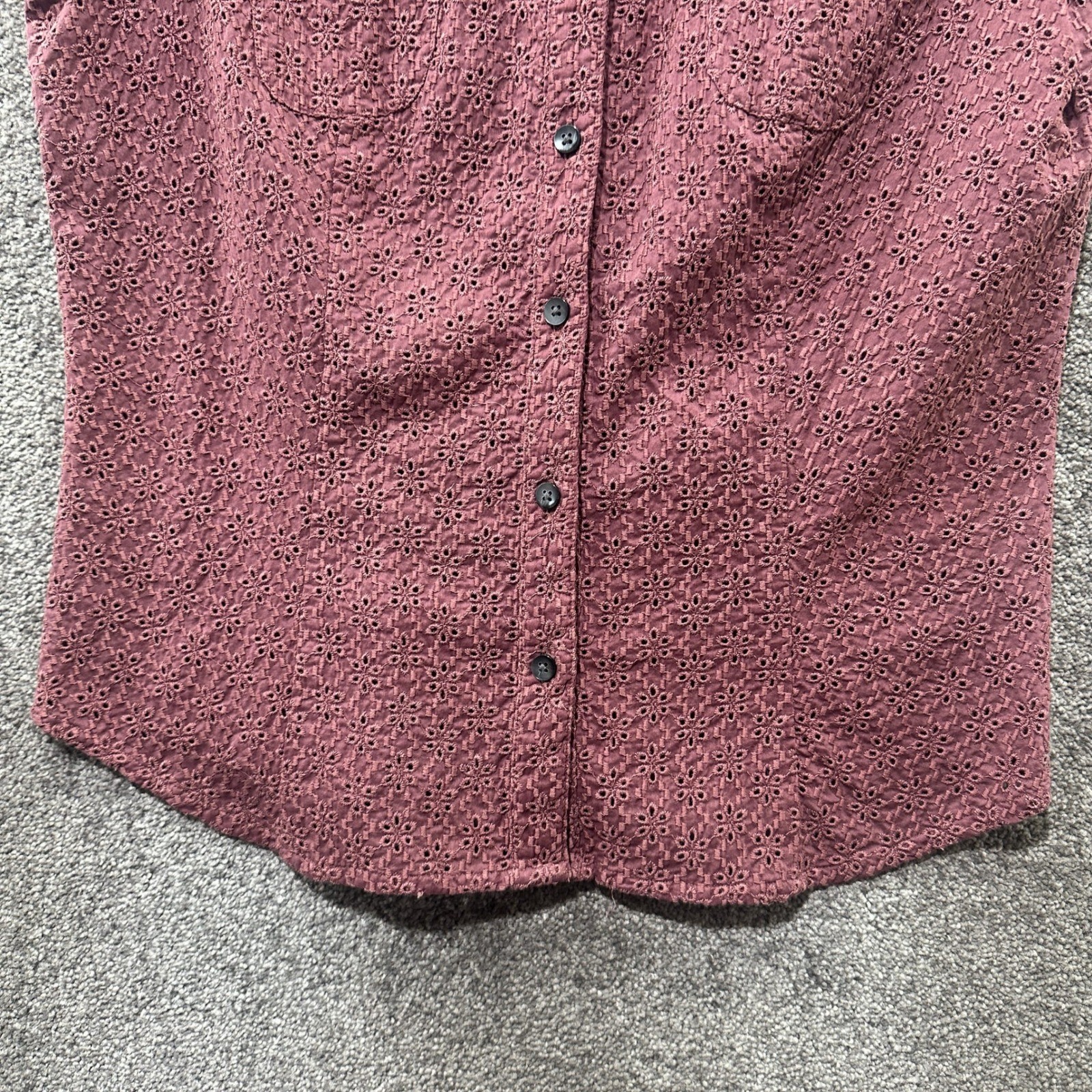 Y2k Cute Options Eyelet Short Sleeve Button Up Top Women Small Mauve Pink Cotton