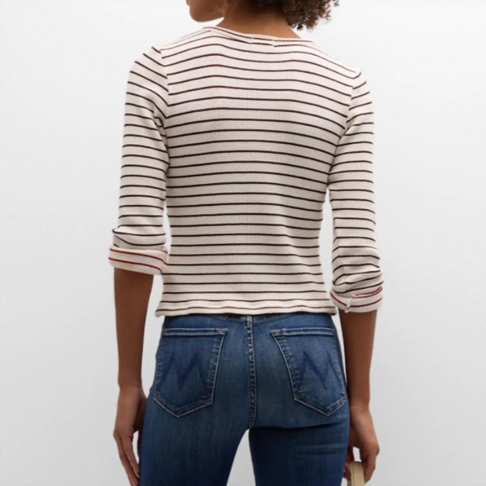Mother The Itty Bitty Pixie Thermal Henley Shirt Top White Stripe Women Size XL