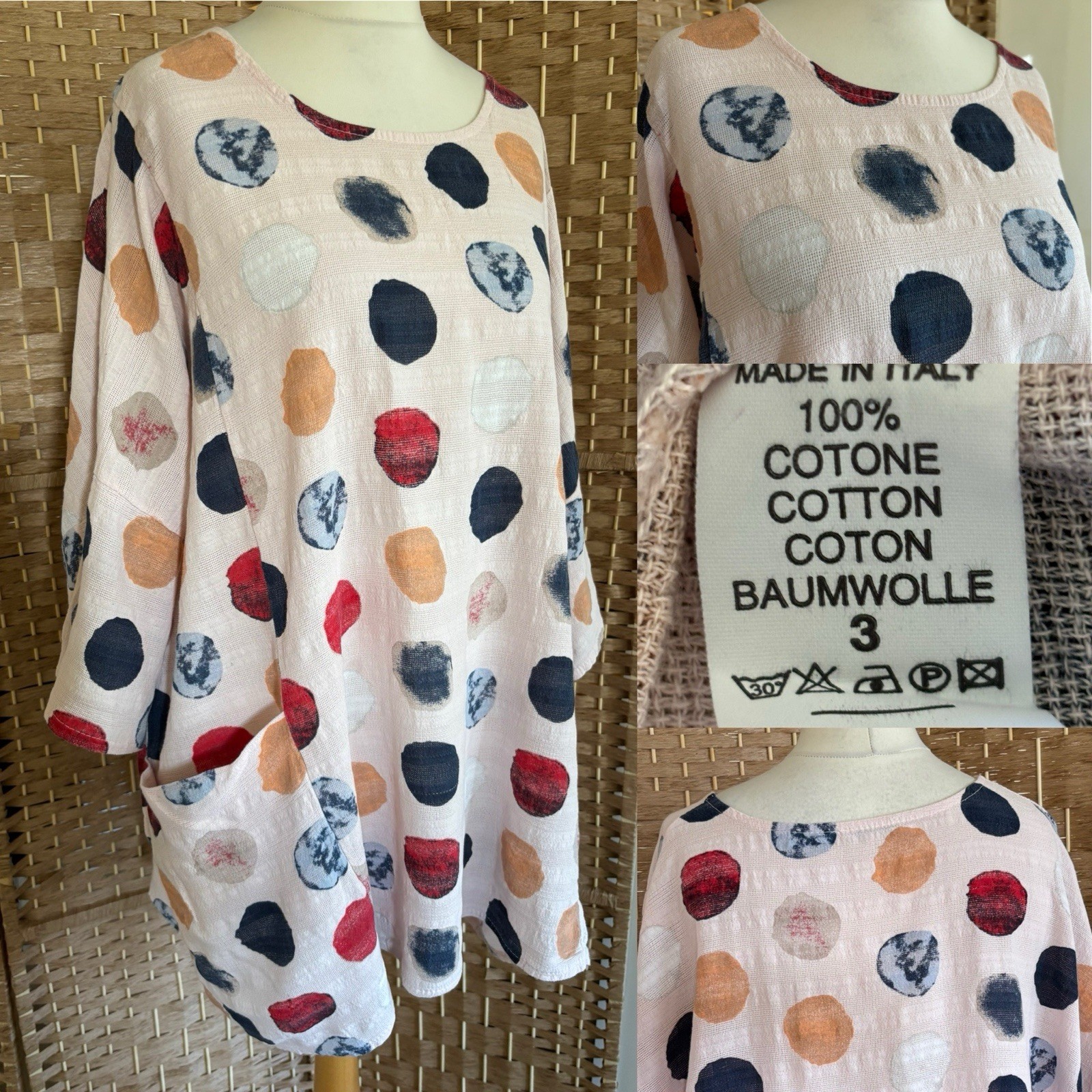 MIL Pale Pink Multi LARGE SPOT 100% Cotton Tunic Top XL OVERSIZED 58” POCKETS