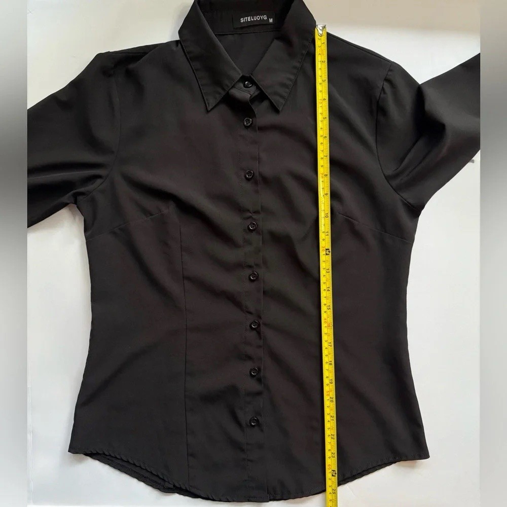 Solid Button-Up Collared Long Sleeve Shirt Top Black Size M Workwear