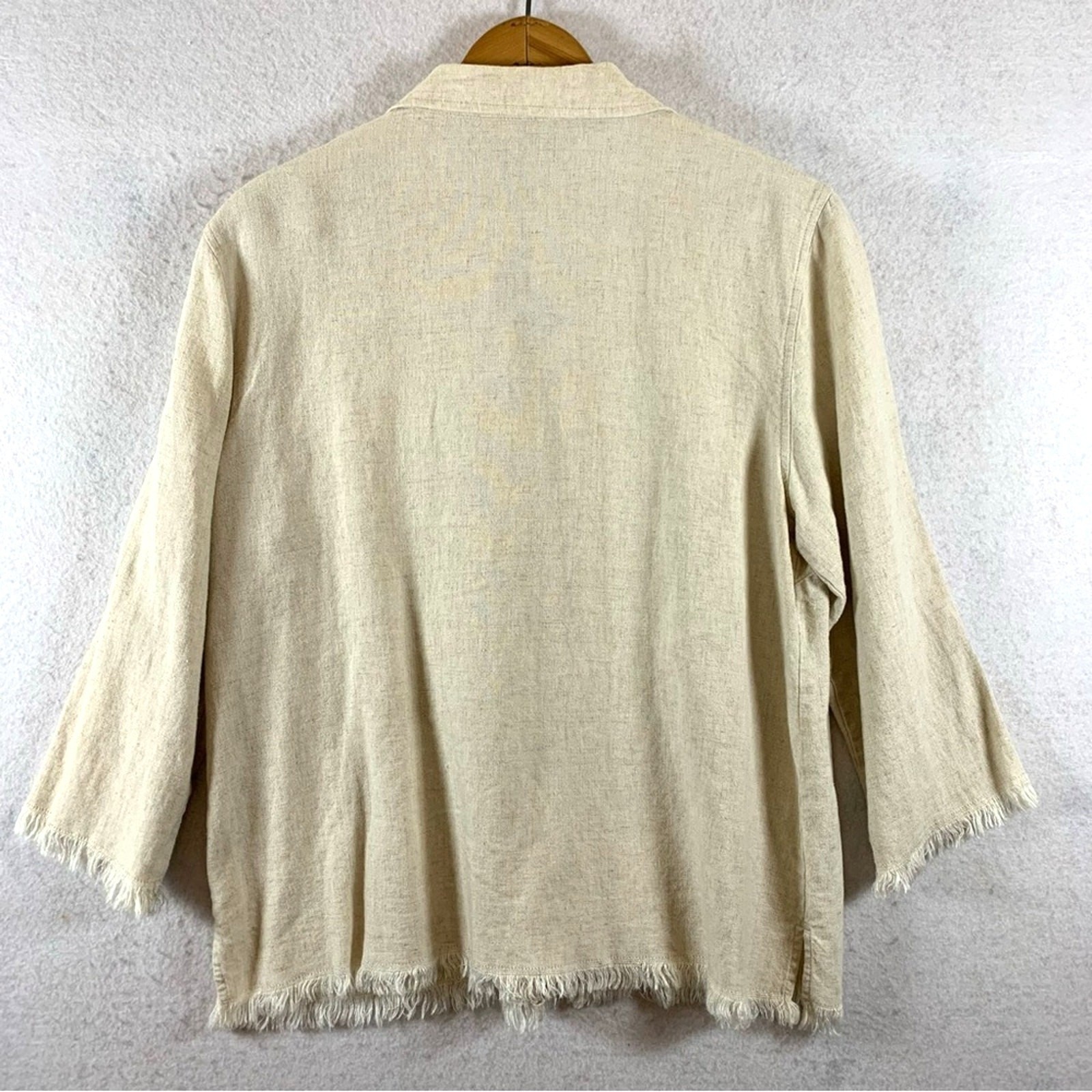 VTG Womens Coastal Grandma Linen Blend Button Top Sz M Ecru Beaded Raw Hem Boho