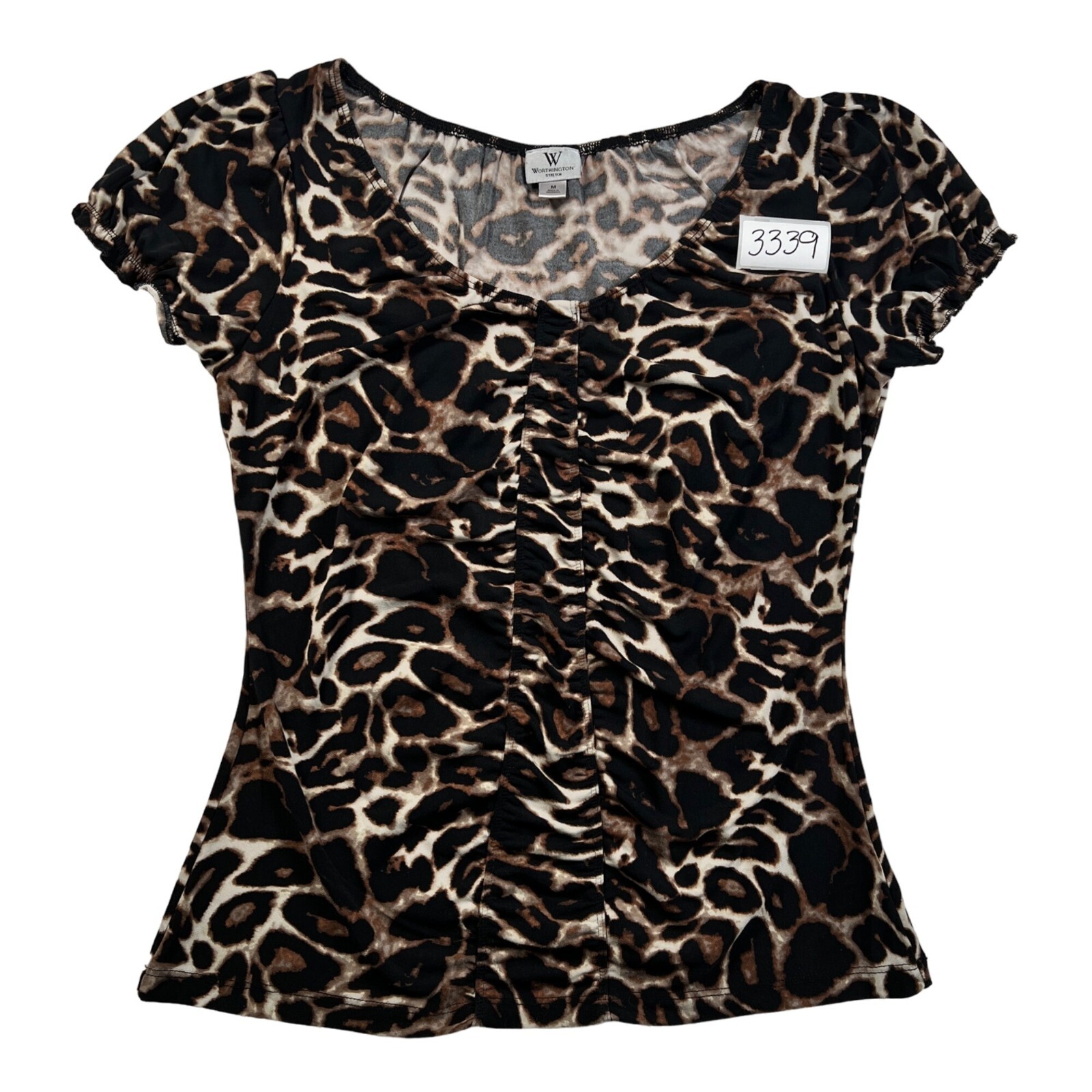 Worthington Top Women’s Cougar Print Cap Slv V-Neck Blouse Brown Cream Black M