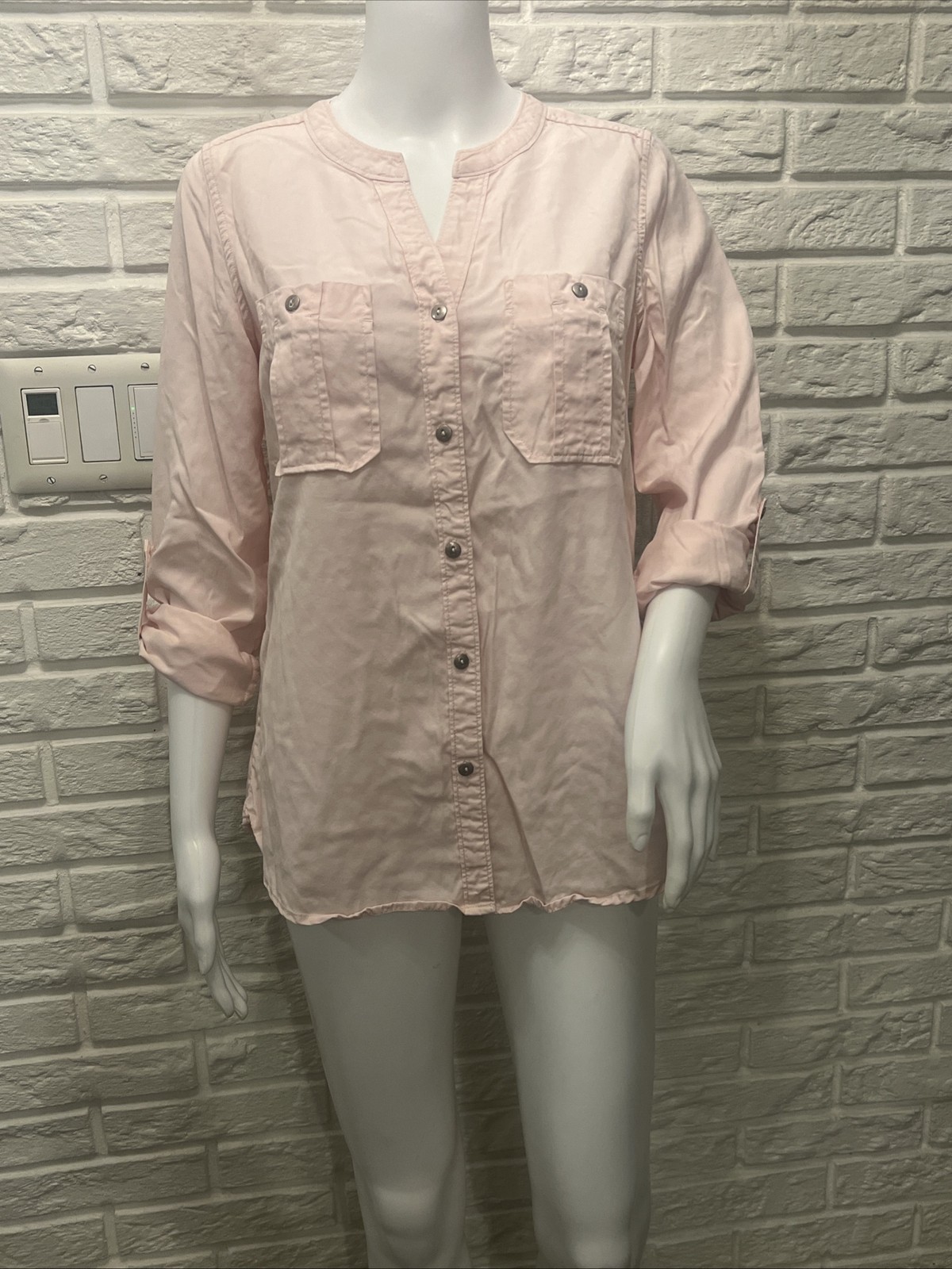 Intro ❤️ Collarless Button Front Lyocell Shirt Pale Pink Roll Tab Sleeve Size S