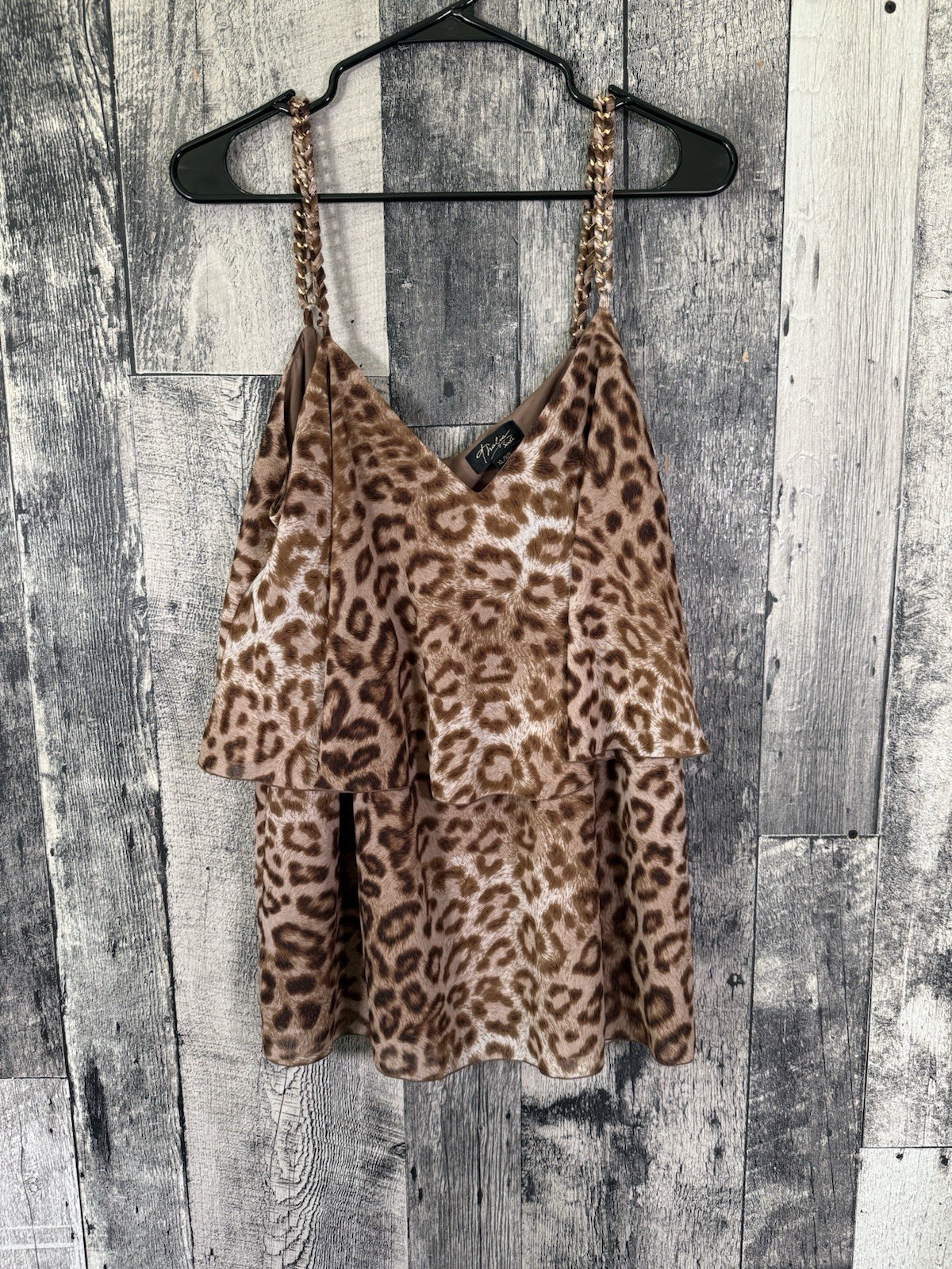 Thalia Sodi Womens Leopard Print Ruffle Tank Top Brown Braided Straps Size XL
