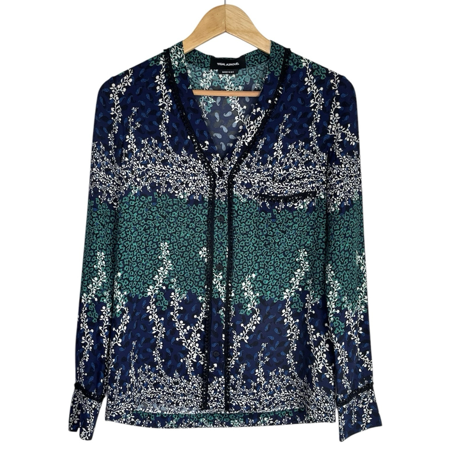 Yigal Azrouel Green Blue White Trellis V-Neck Long Sleeve Blouse 4
