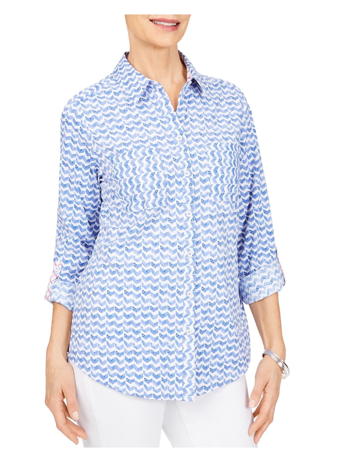 FOXCROFT Womens Pocketed Roll-tab Sleeve Collared Button Up Top