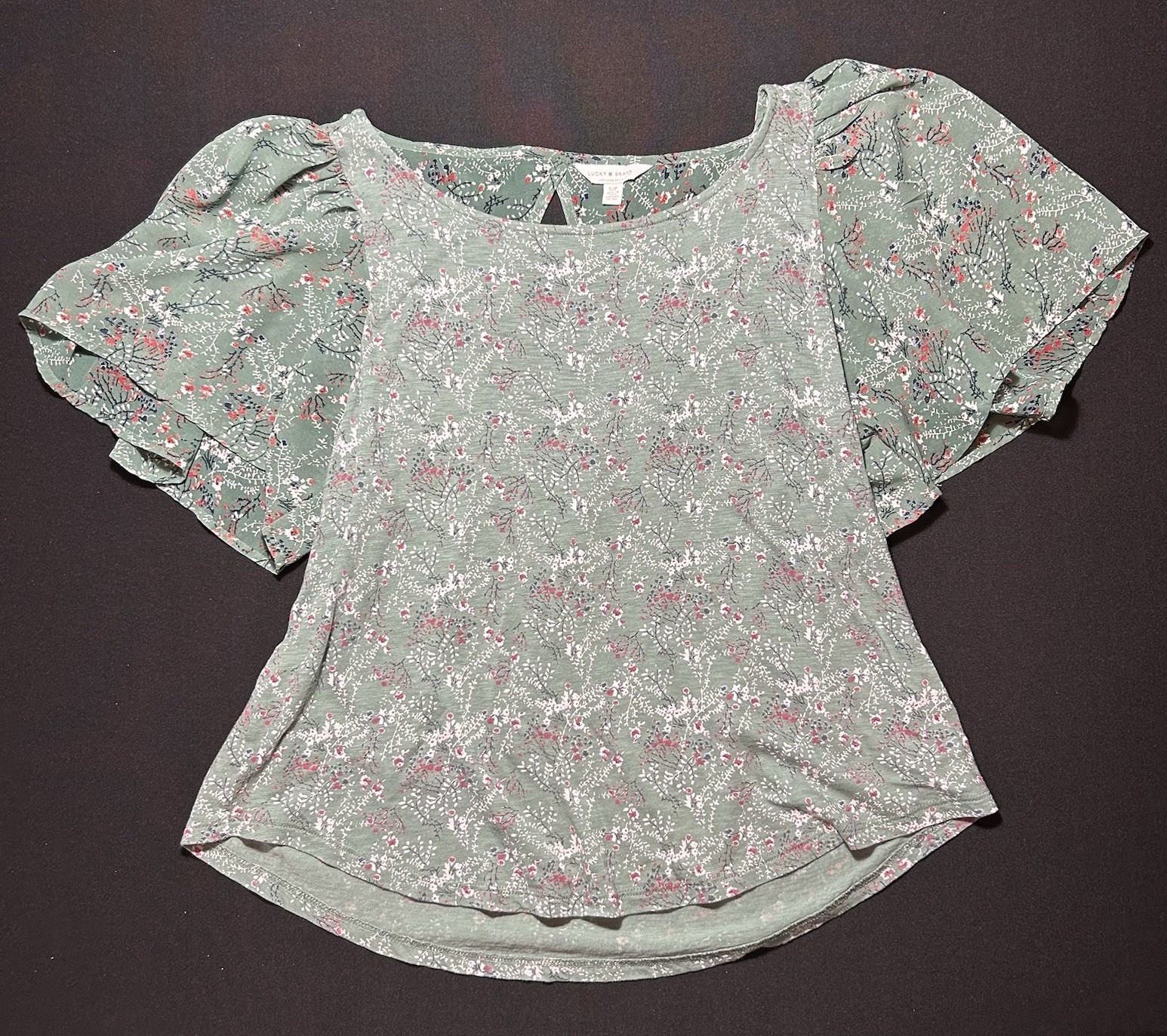Lucky Brand Women’s Green Floral Puff Sleeve Ruffle Blouse Top Cottagecore Sz S