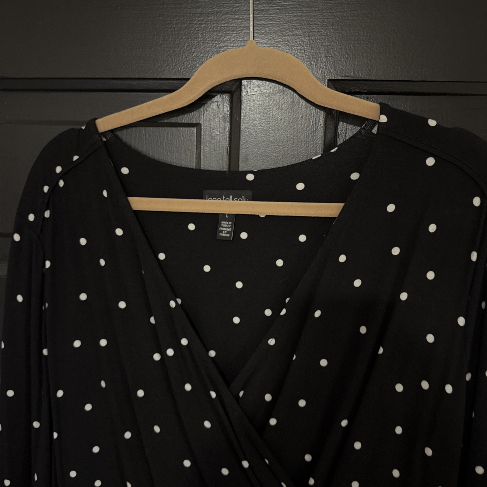 Long Tall Sally Top Size L Black / White Dot Faux Wrap Tunic V-Neck