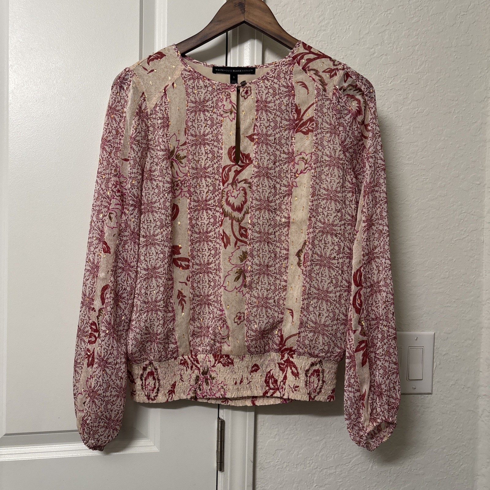 White House Black Market Sheer Blouse Maroon, Gold, and Beige Long Sleeve Small