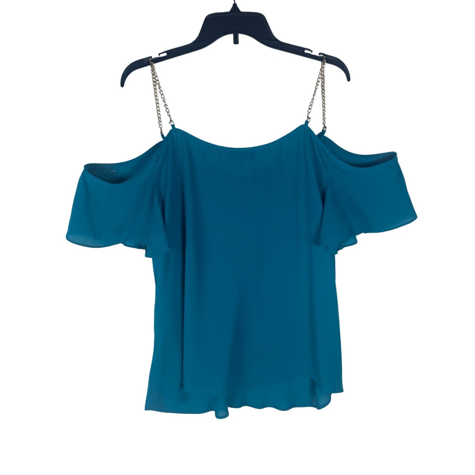 Bold Elements Cold Shoulder Cowl Neck Top Polynesian Blue Chain Strap XL NWT