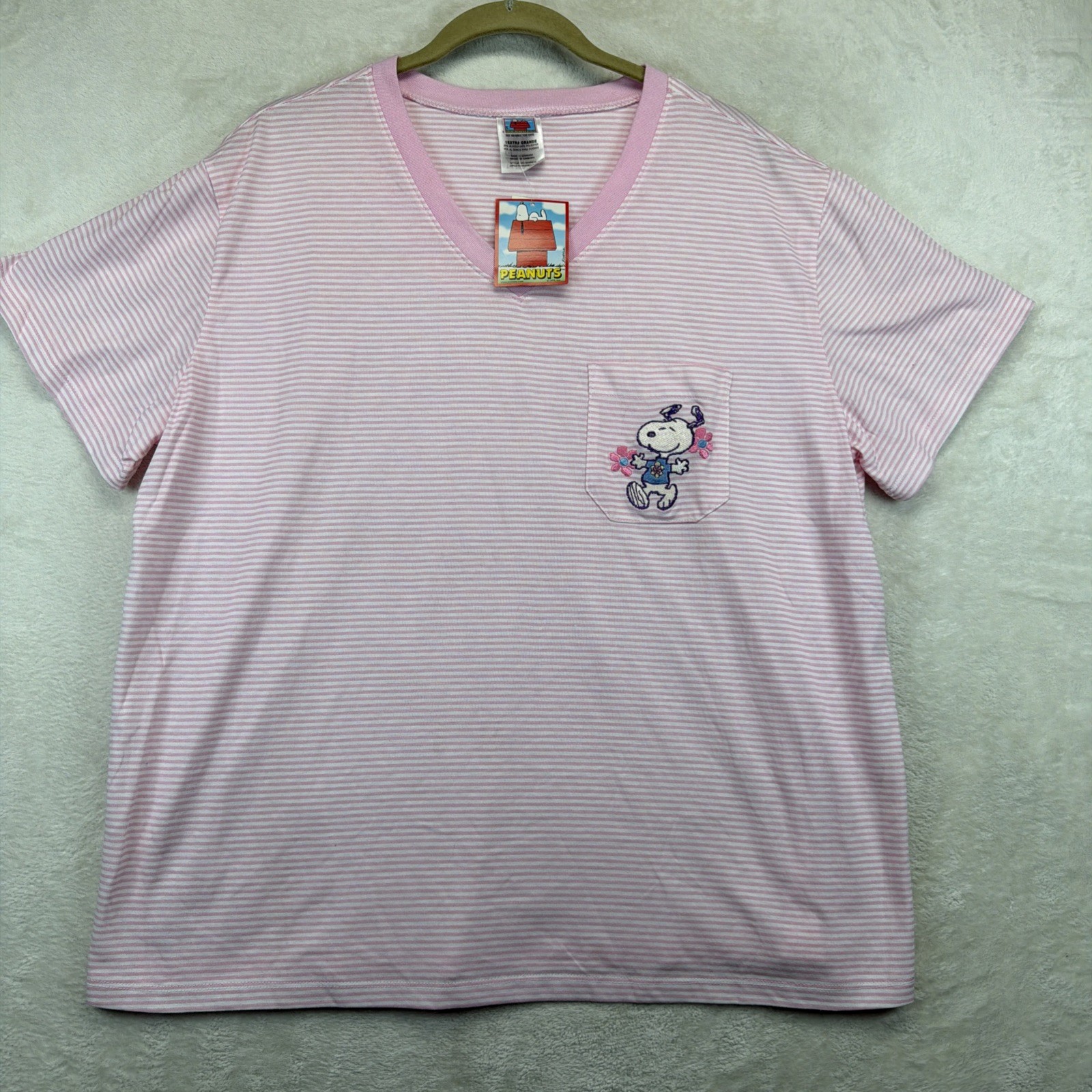 Snoopy Peanuts Pocket Tee NWT Pink Stripe V Neck Women’s XL