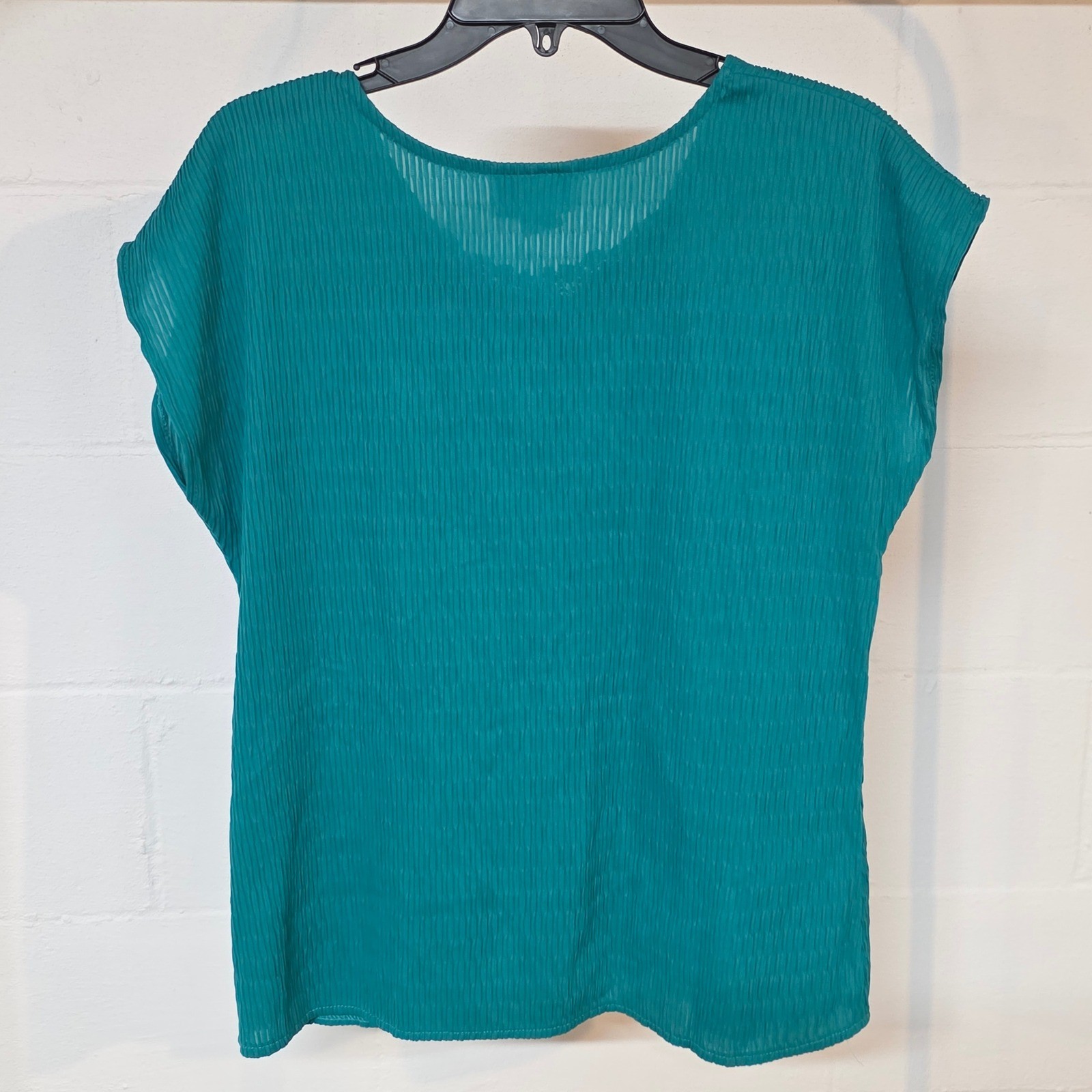 Joanna Vintage Teal Pleated Lace Neckline Blouse Made in USA Medium 61226