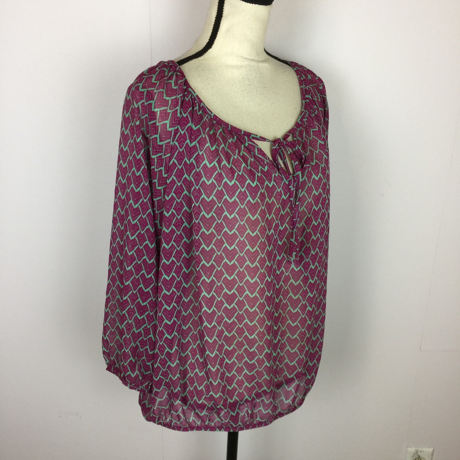 Olivia Moon Peasant Blouse Top XL Womans Purple Heart Print Sheer Elastic Waist