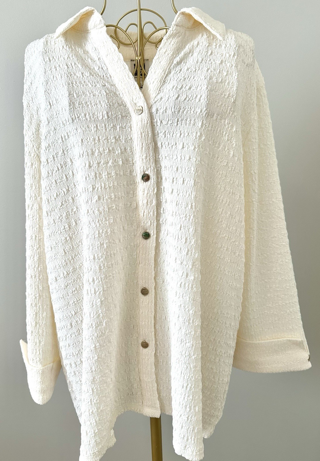 Anne Klein Knit Top Blouse Shirt Career Ivory Cream Collared Size XL