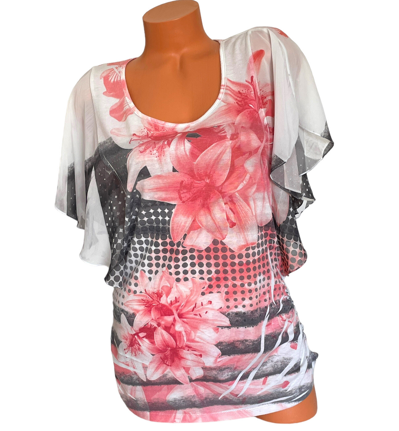 Espresso Sz L Flutter Sleeves Summer Floral Print Pink Gray White Top