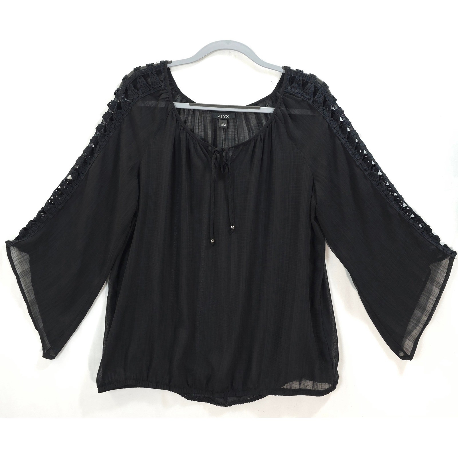 Alyx Peasant Blouse Crochet Shoulder Sheer Women L Black Boho Romantic Festival