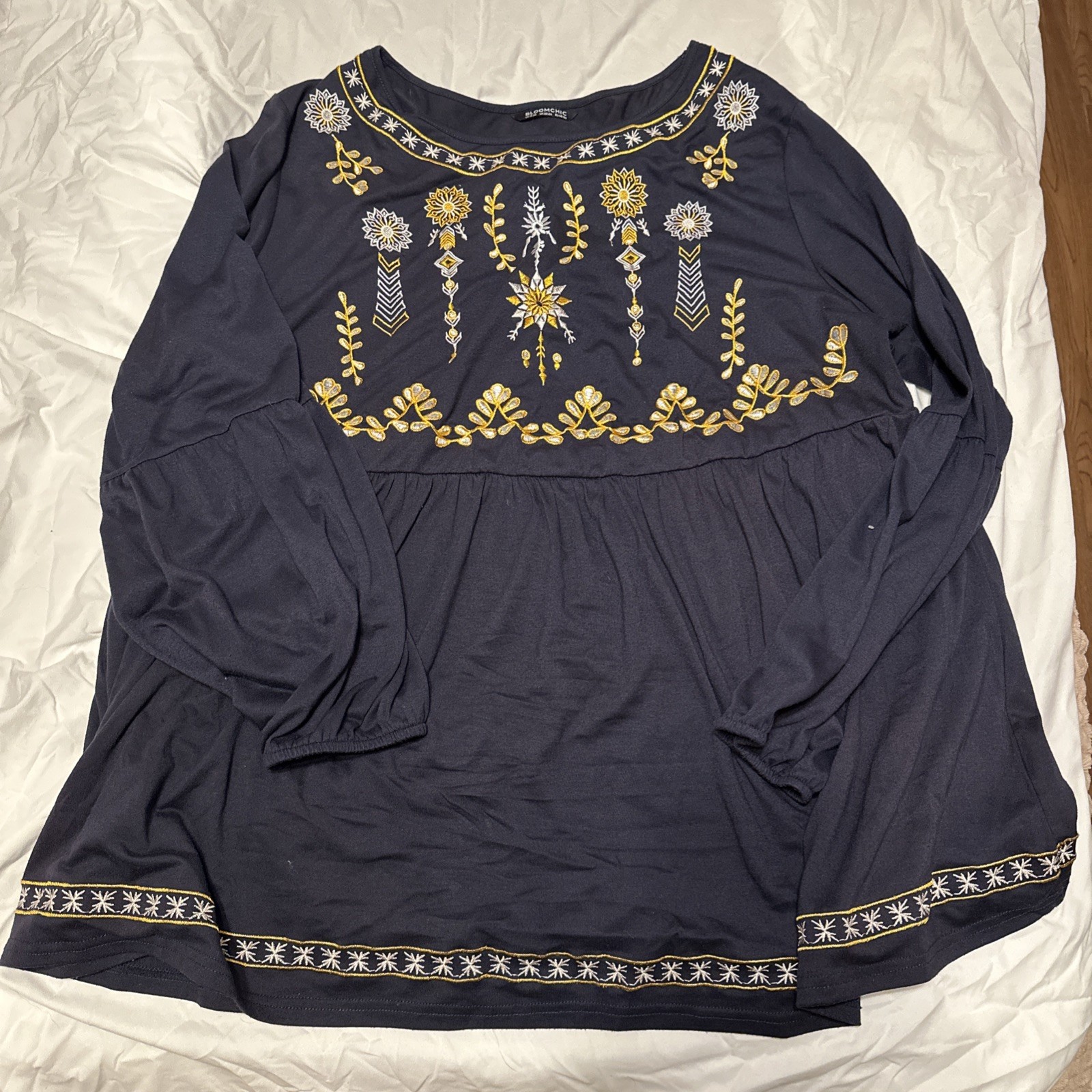 BloomChic Shirt 20 Blue Tunic Peplum Embroidered Boho Earthy Festval Casual