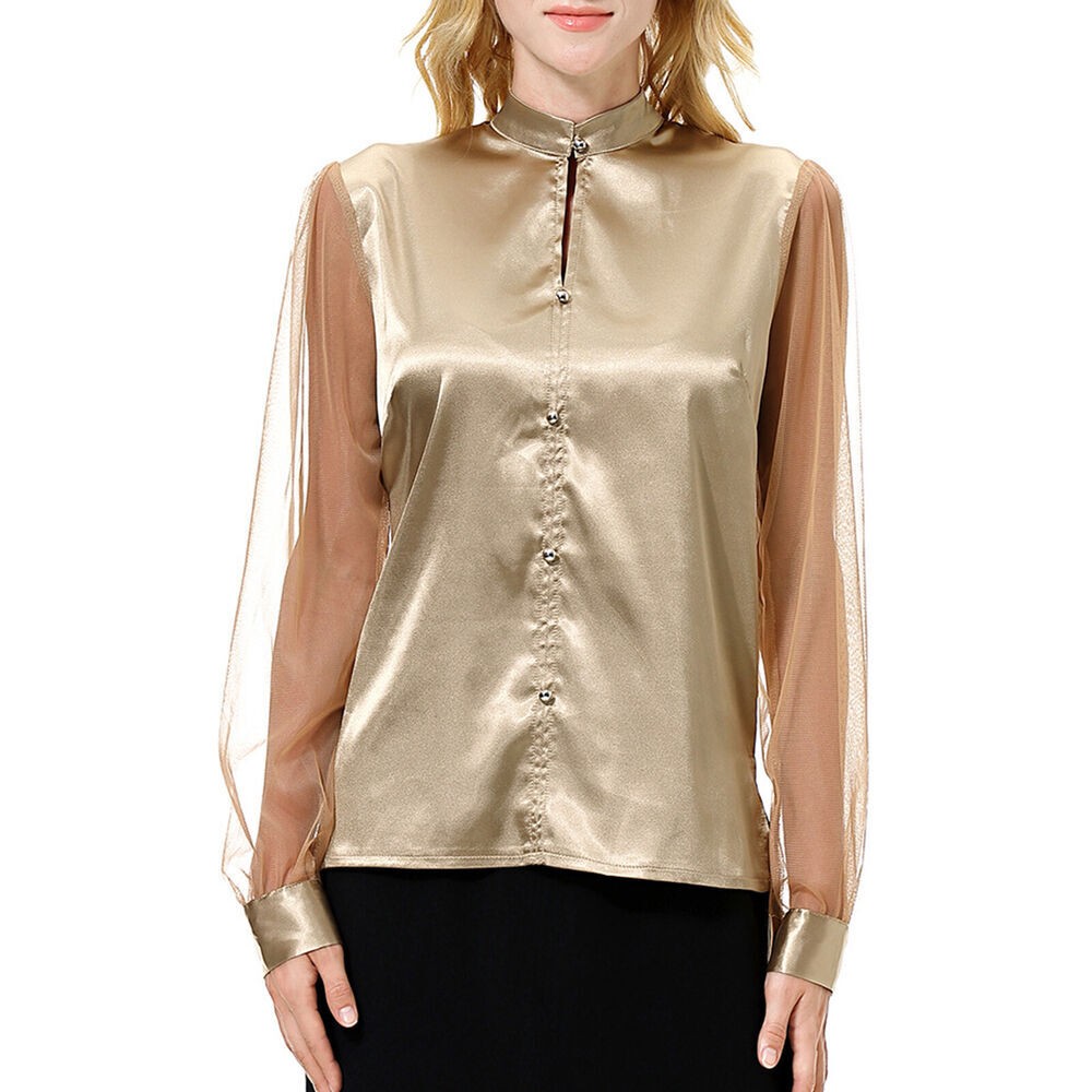 Women Long Mesh Sleeve Shirts Tops Blouse Party Satin Blouse Pure Color Top