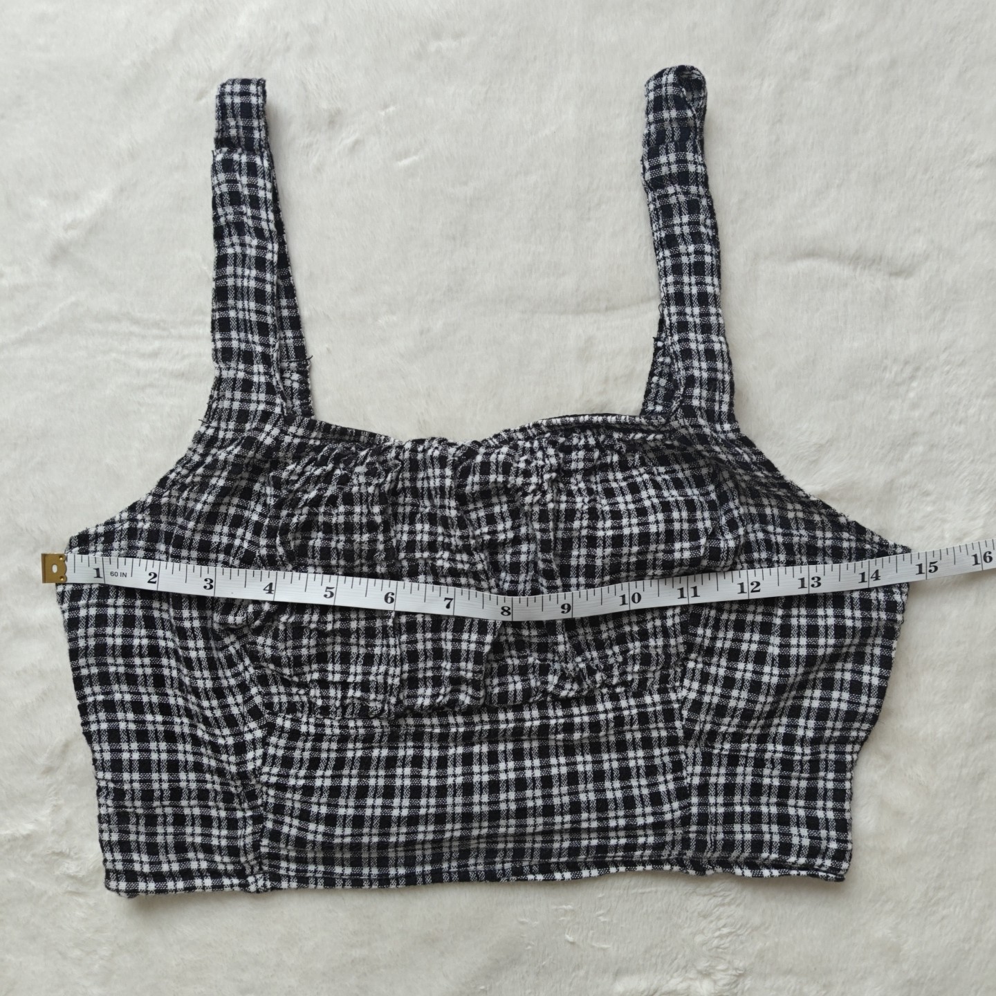 Japna Medium Black White Gingham Plaid Ruched Crop Top Wide Strap Square Neck