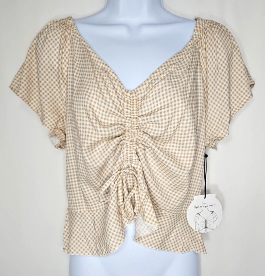 Japna Women’s Tan Lightweight Adjustable Front Short Sleeve Blouse Size XL – NWT