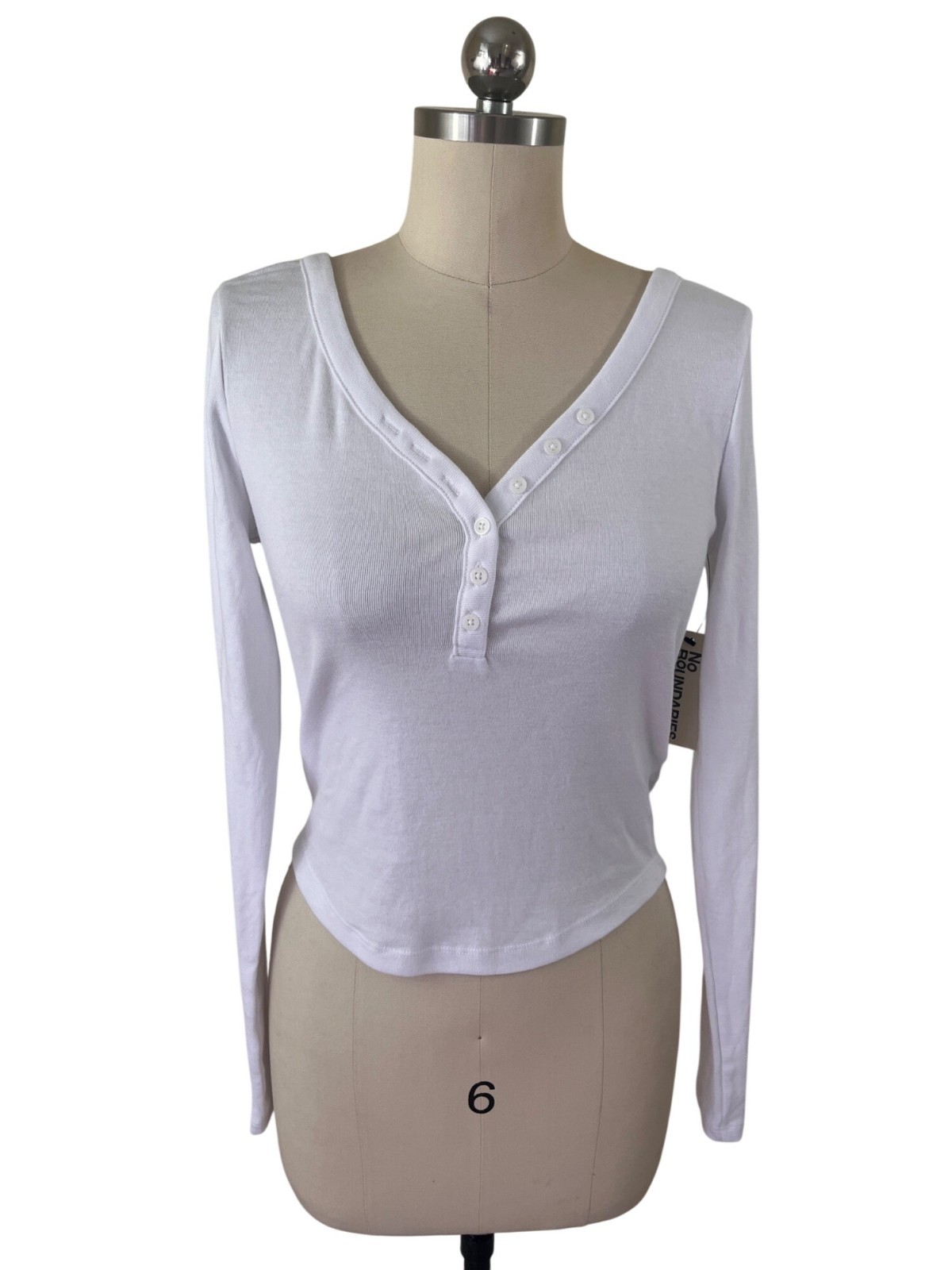 No Boundaries Henley Knit Top Womens Small White Long Sleeve Minimalist Y2K 90s