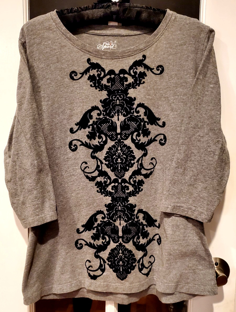 Style & Co Sport Ladies Size L Gray 3/4 Length Sleeve Black Velvet Accents