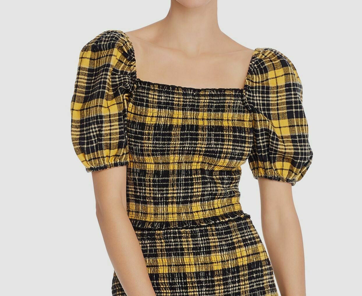 Aqua 253004 Womens Smocked Puff-Sleeve Cropped Top Yellow Plaid Size XS