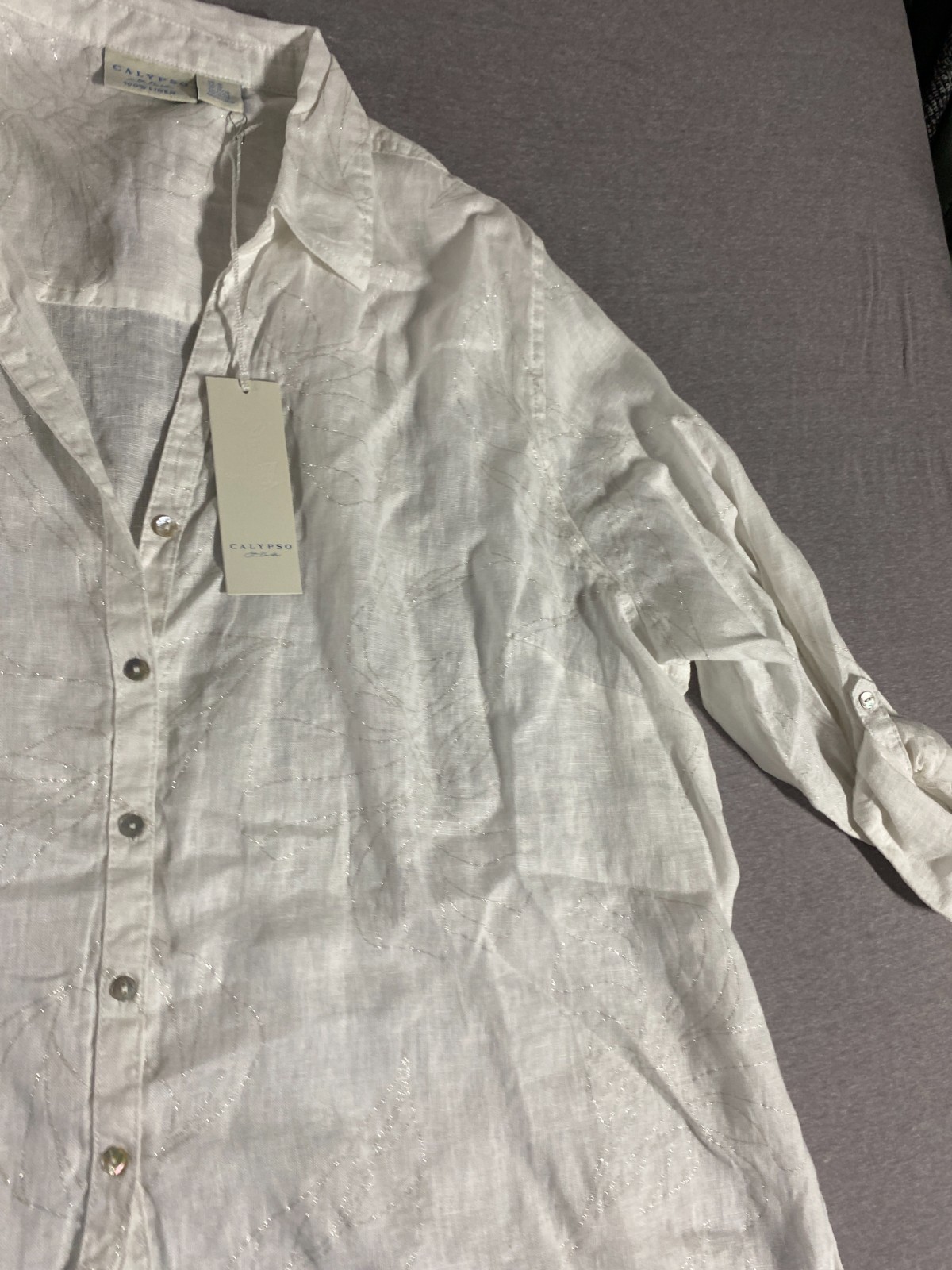 Calypso St. Barth Blouse NEW Women 3X 100% Linen White Silver Metallic Accent