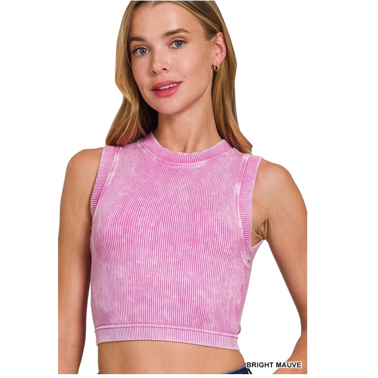 Zenana Bright Mauve Ribbed Seamless Crop Top with Bra Pads L/XL