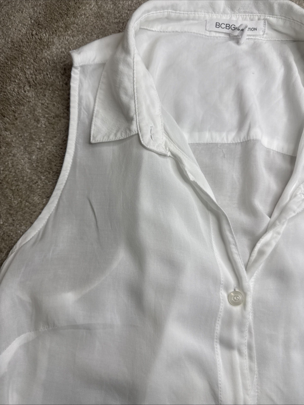 BCBG Generation White Sheer Button Up Collared Sleeveless Back Tie SizeM