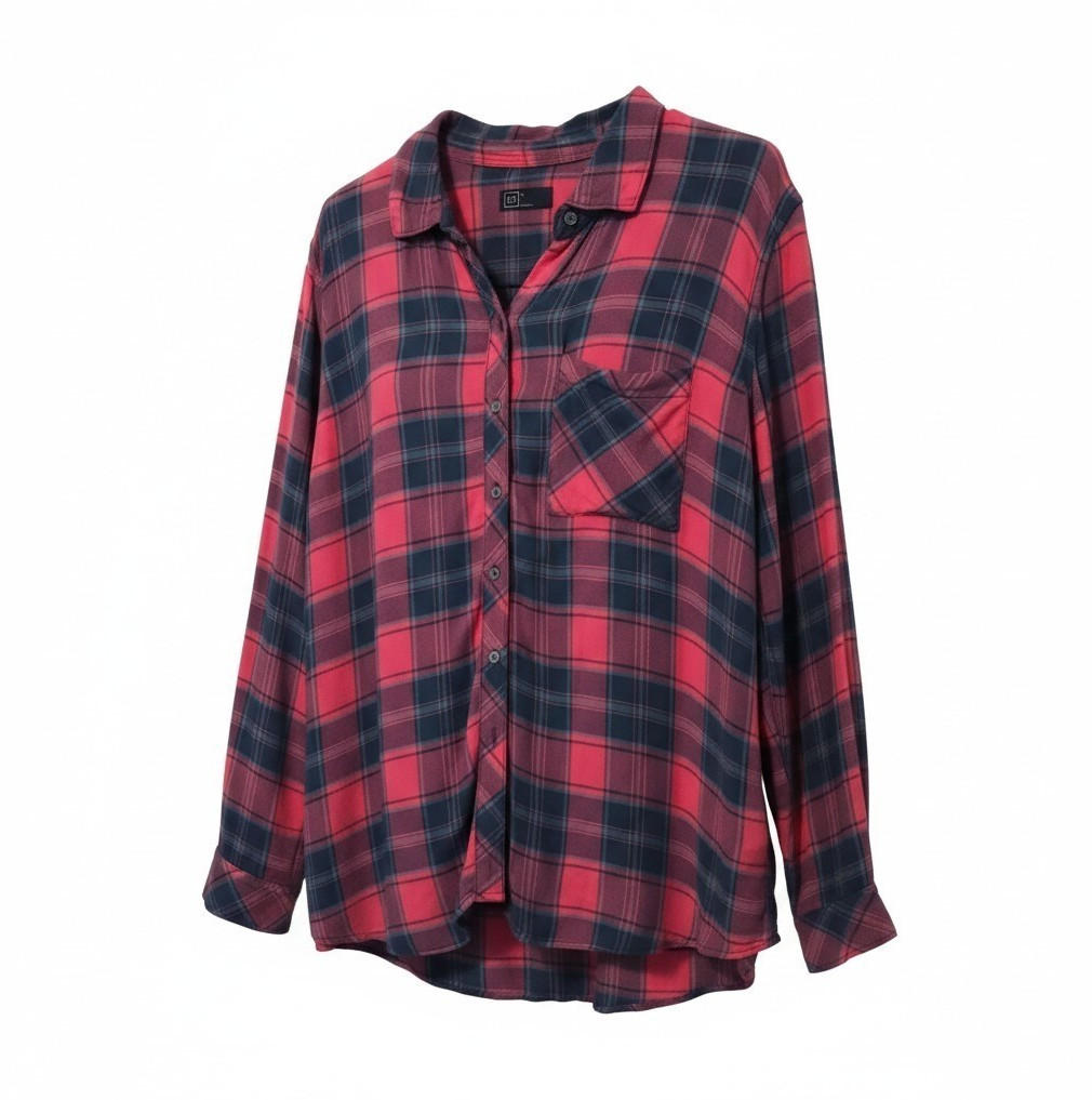 GAP Women’s XL Pink Blue Plaid Flannel Button-Up Shirt Point Collar Long Sleeve