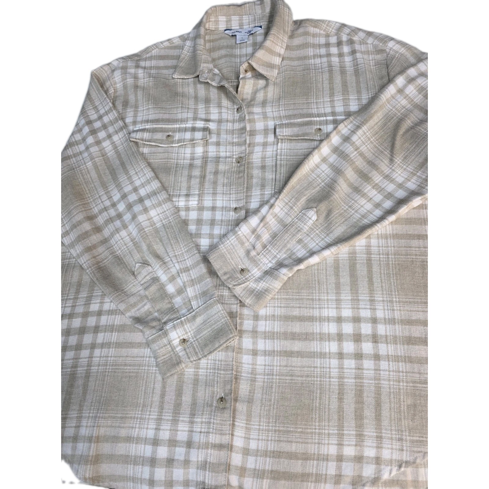 Old Navy Women’s Size Large Boyfriend Shirt Beige/white Plaid Buttoned Down Y2k