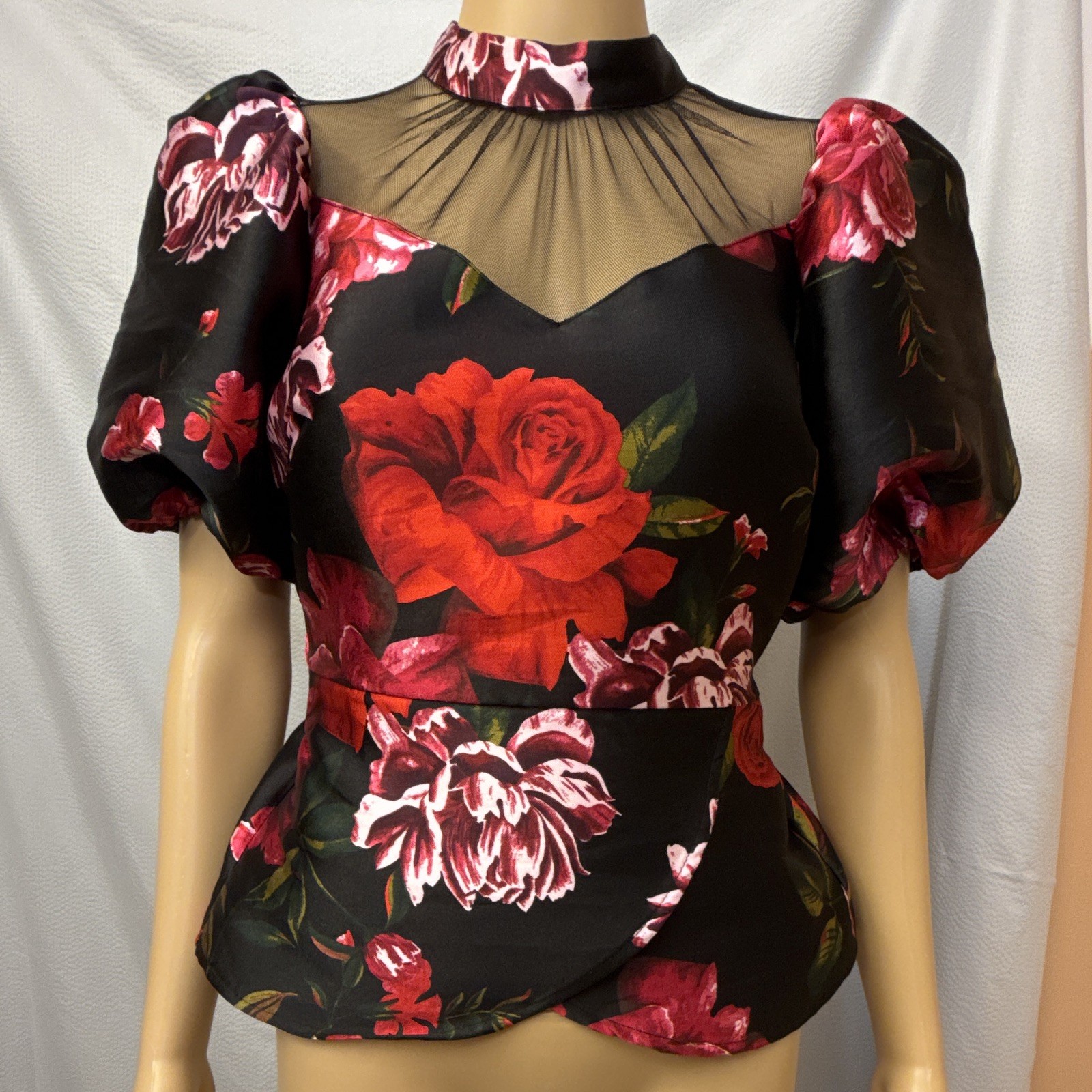 7th Avenue New York & Company XS Black Red Pink Floral Sheer Mesh Puff Blouse
