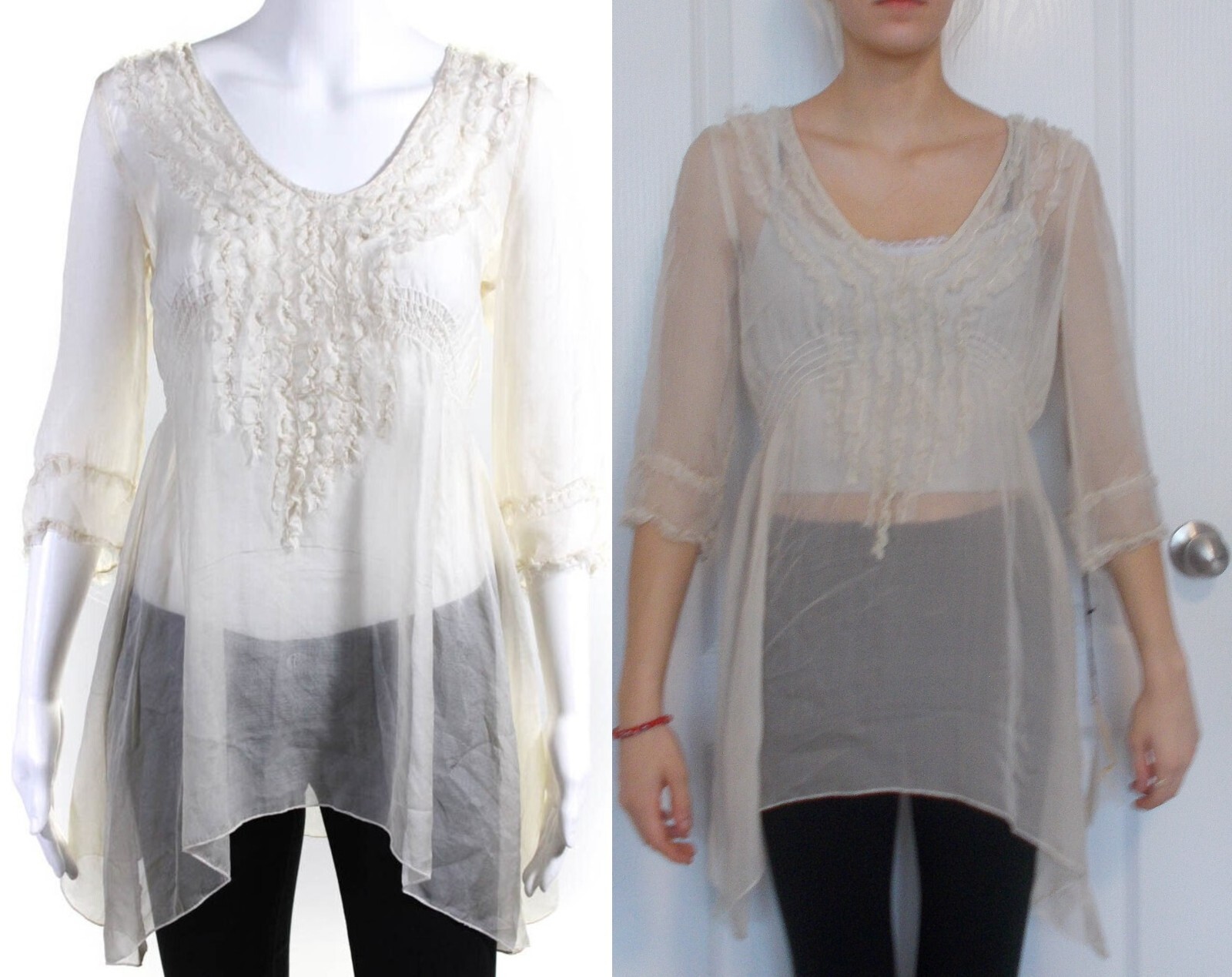 NWT $196 Johnny Was Ivory Smocked Ruffle Tunic S Silk Chiffon, Raw Edges 4L&L