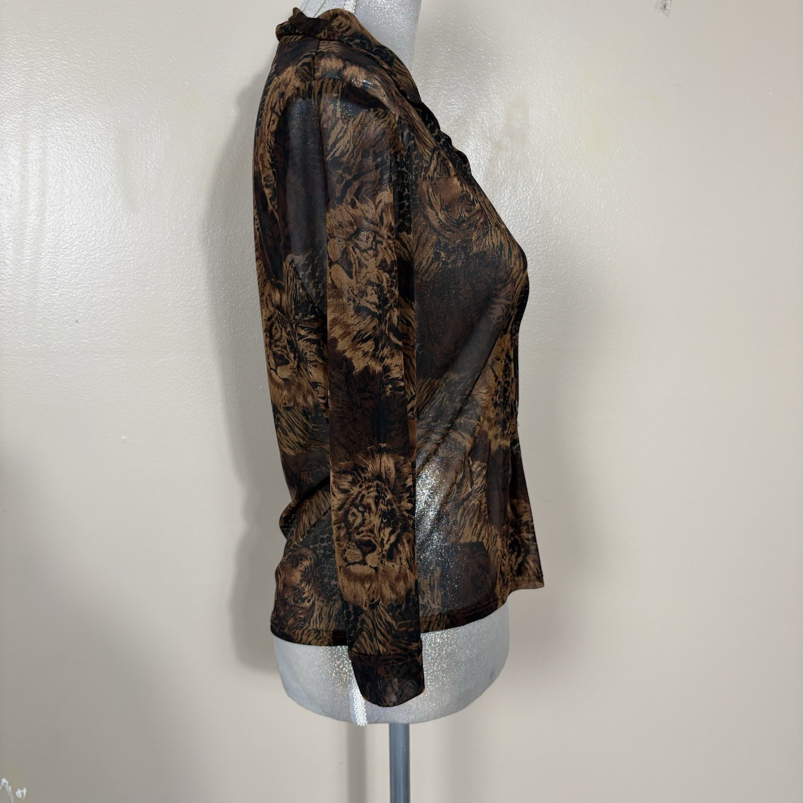 My Michelle Sheer Big Cat Print Button Up Top Tiger Lion Brown Black Y2K