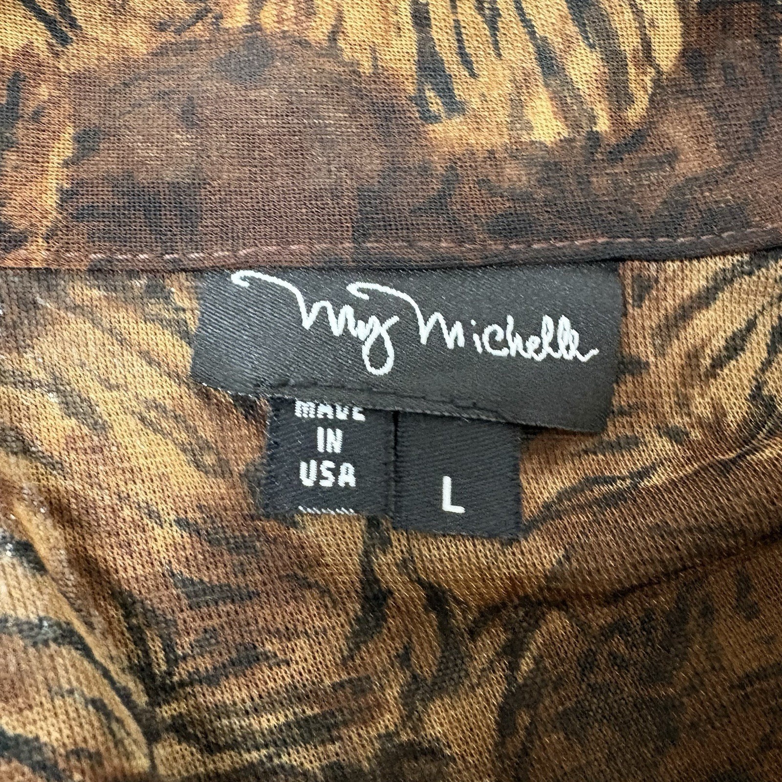 My Michelle Sheer Big Cat Print Button Up Top Tiger Lion Brown Black Y2K
