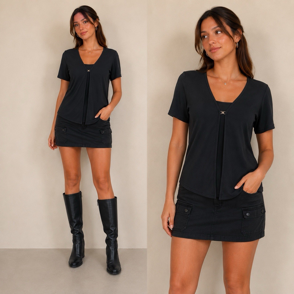 Wrapper Vintage Y2K Womens Medium Black Faux Cardigan Stretch Minimalist Top 90s