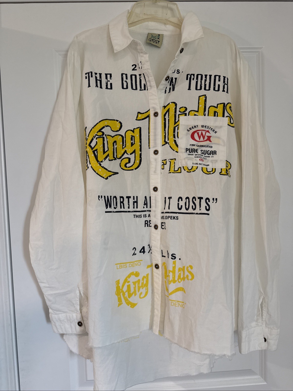 Jaded Gypsy Cup of Sugar White King Mills Flour White Button Down Women’s L/XL