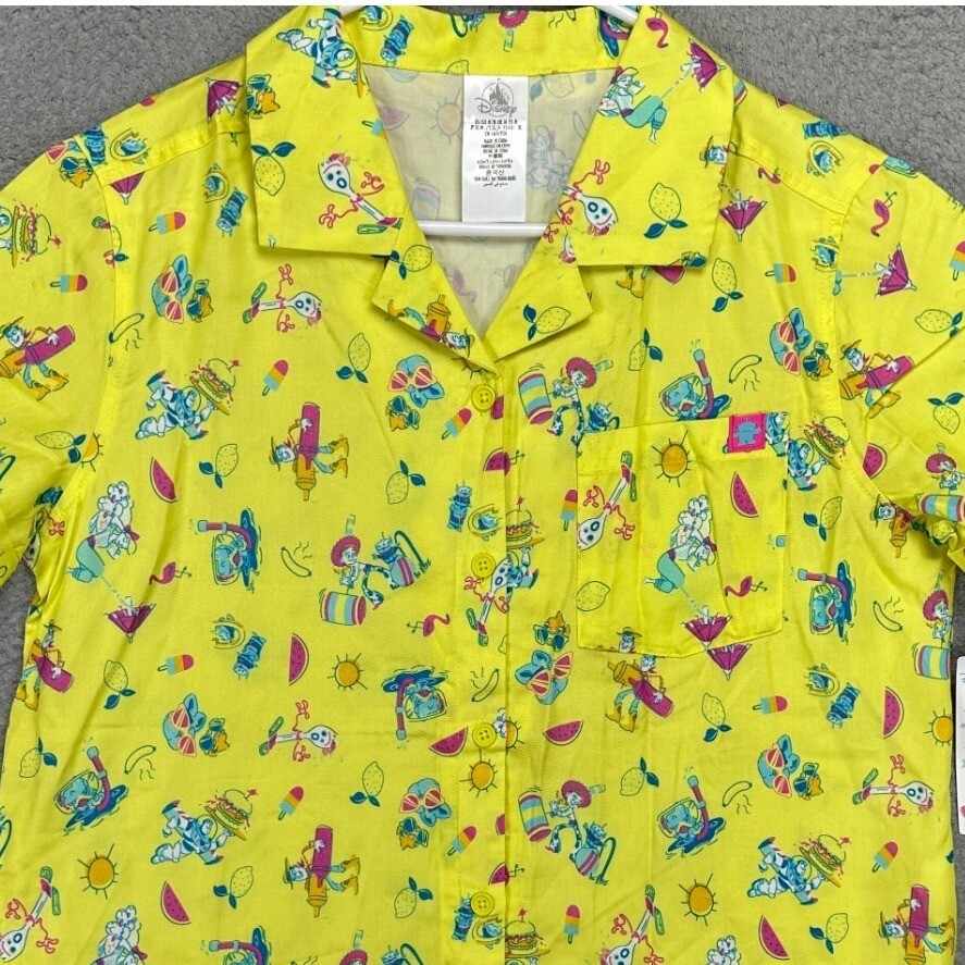 Disney Toy Story Womens Button Up Shirt Medium Yellow Allover Print Ladies NEW
