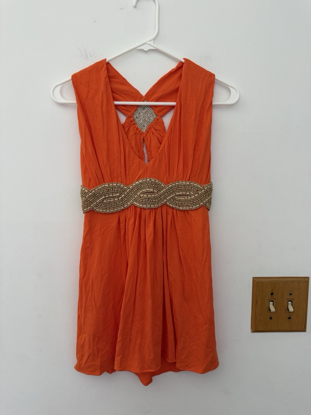 Boston Proper XS Orange Beaded Empire Waist Halter Top Tunic Y2K Festival Boho