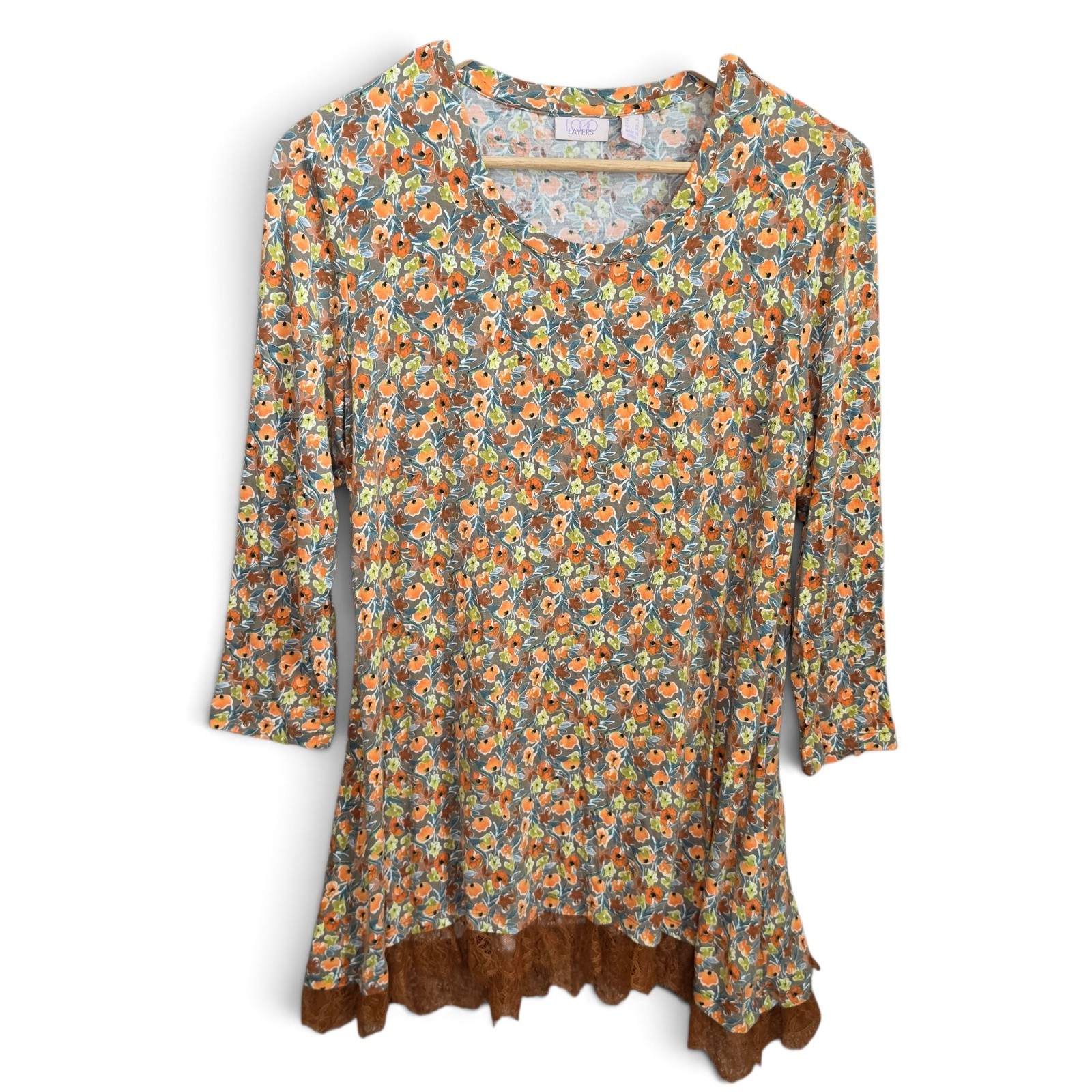 LOGO Layers Lori Goldstein Womens Large Floral 3/4 Sleeve Lace Hem Tunic Top L