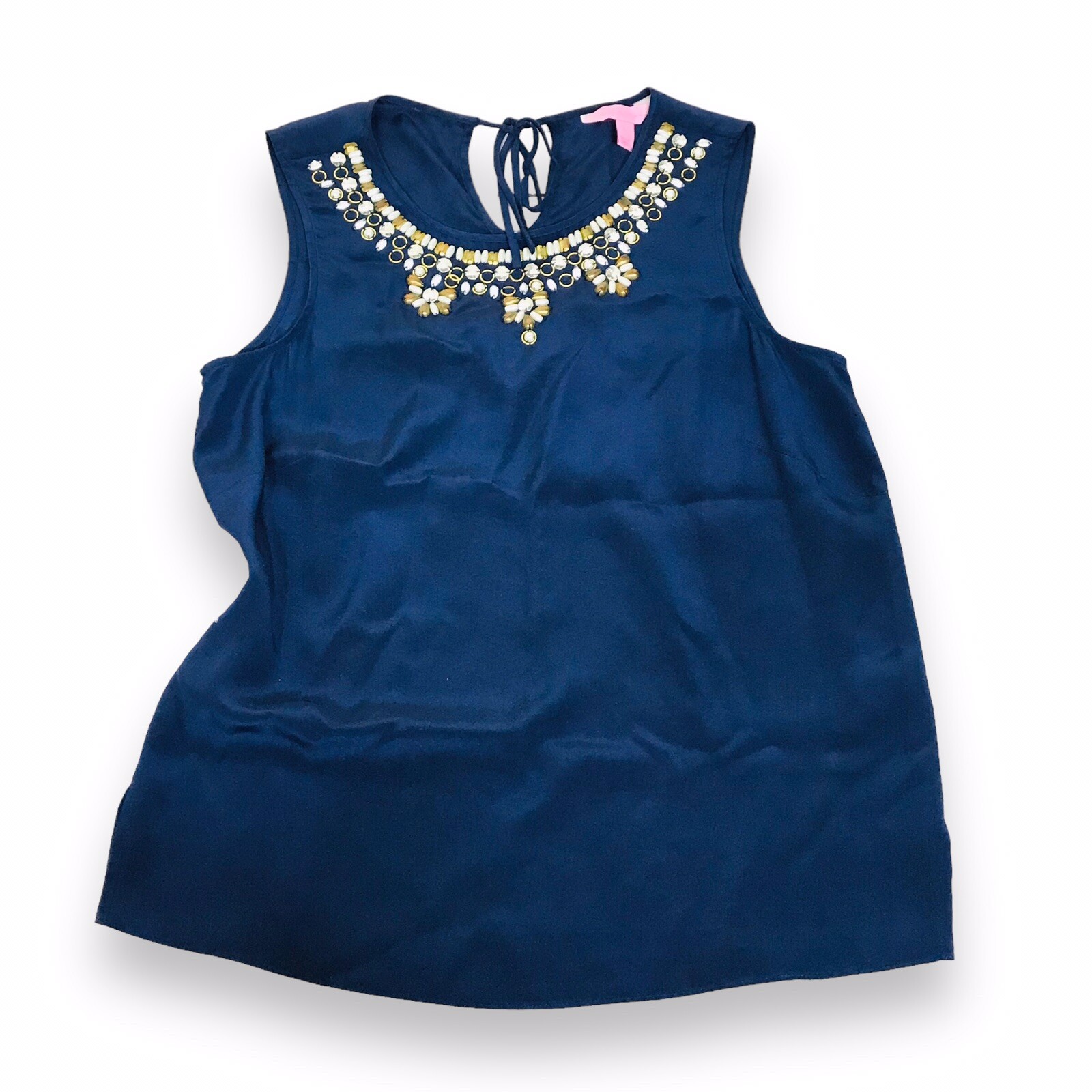 Lilly Pulitzer Silk Blouse Size S Beaded Sleeveless Top Dark Blue Round Neck