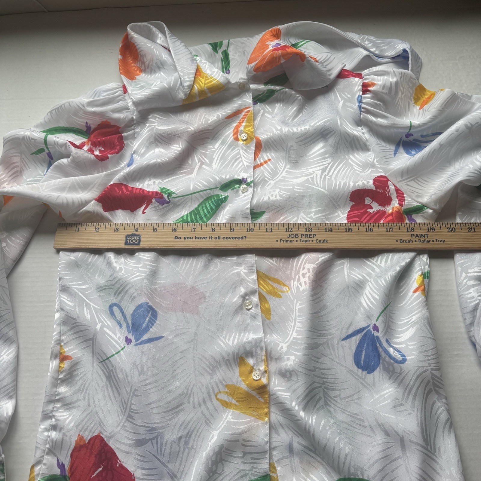Vintage Eva Laurel Satiny Secretary Blouse Sz 12 White Floral Sash Silky Glam