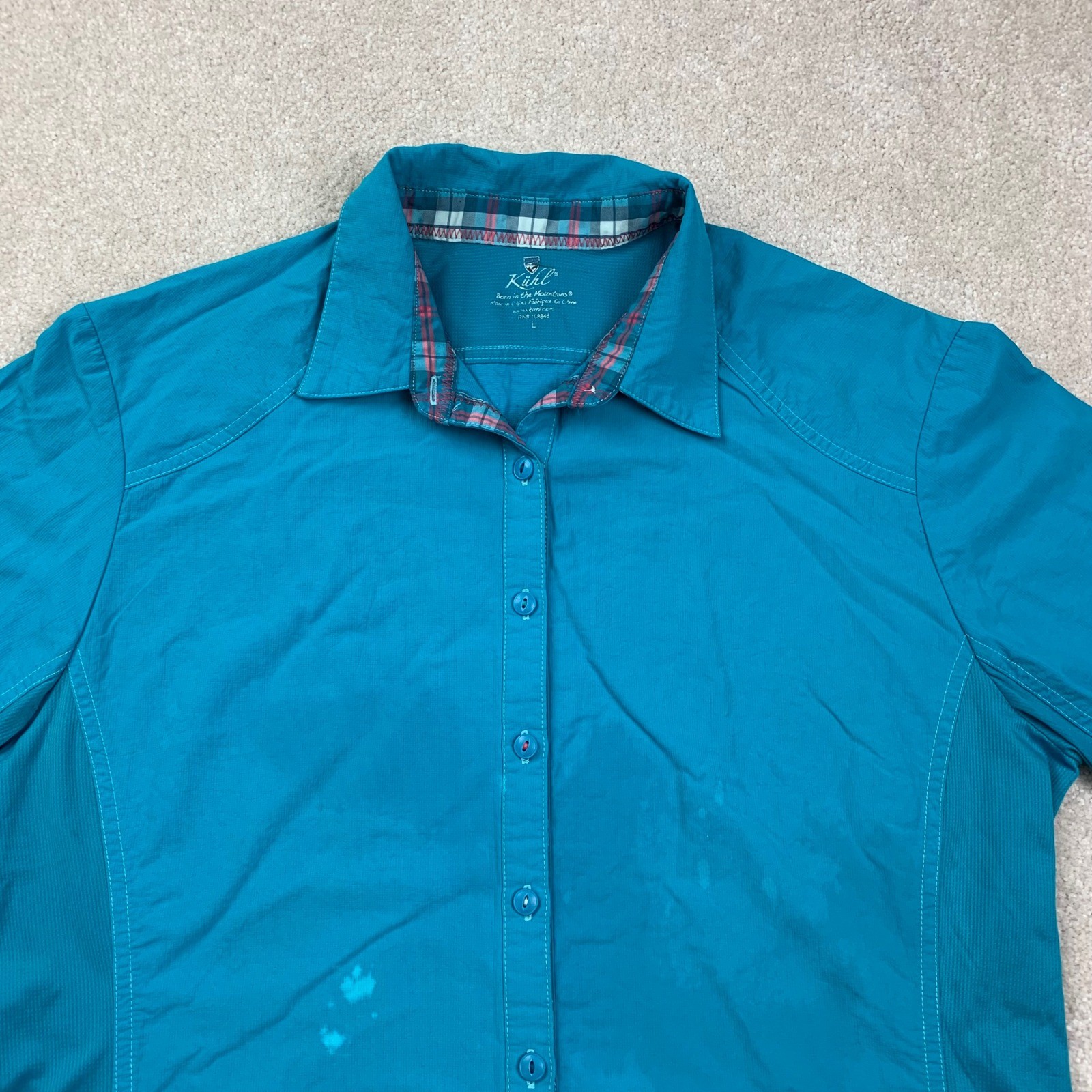 Kuhl Button Up Shirt Womens Large Teal Blue Long Sleeve Hiking Outdoor RN 108846