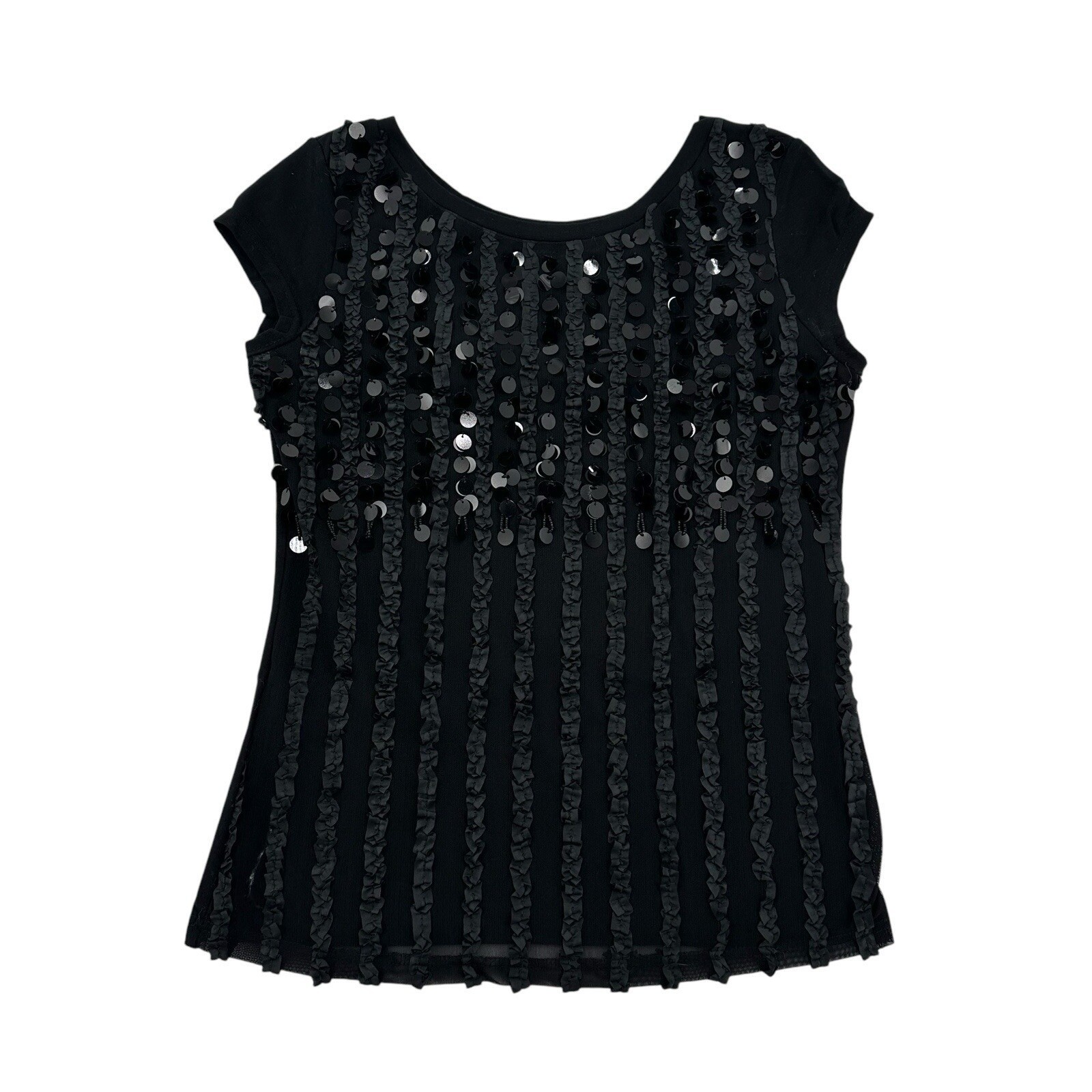 Lauren Michelle Black Sequin Ruffle Front Cap Sleeve Top Medium Cocktails Party