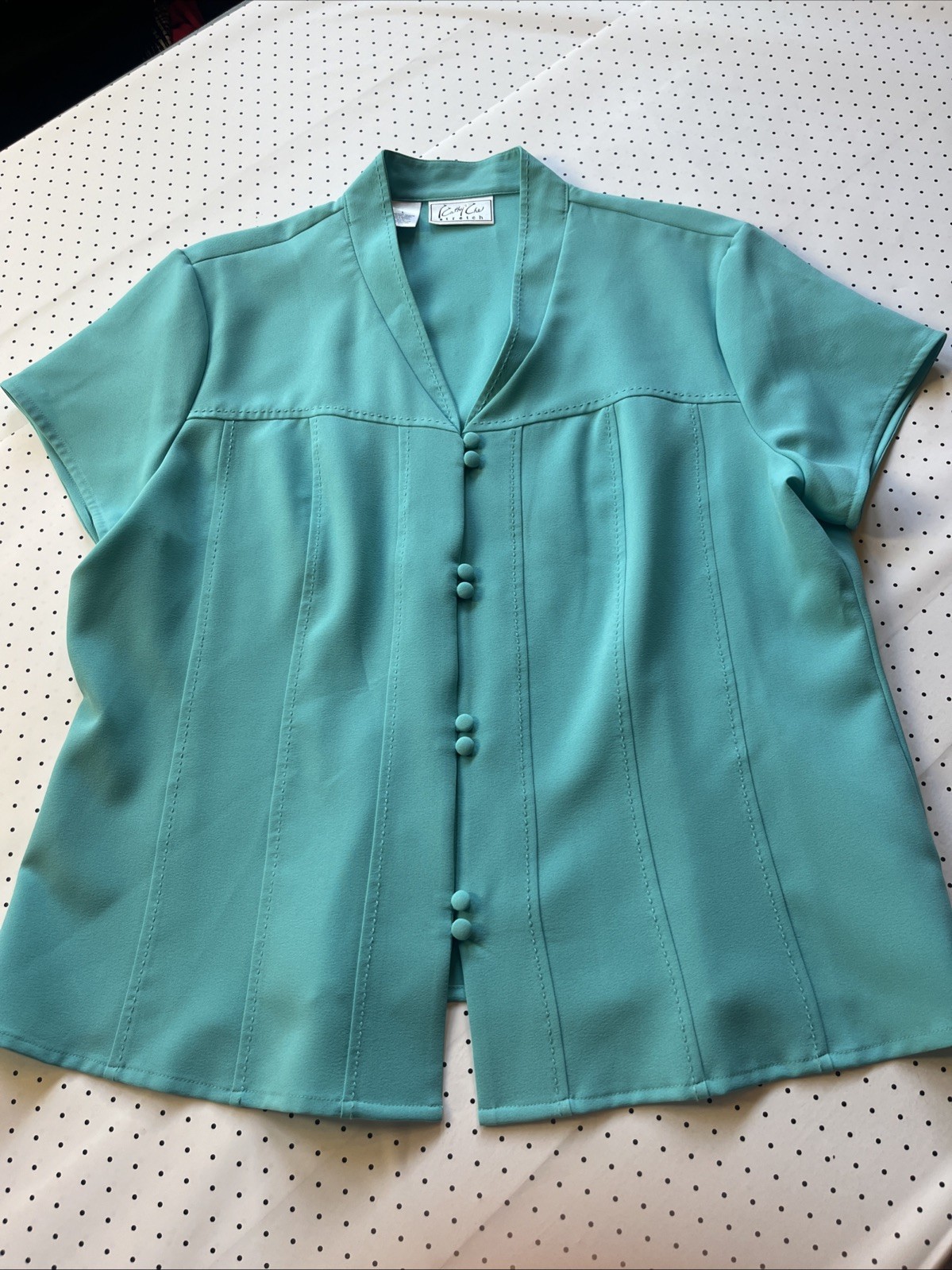 Vintage Turquoise Blouse L Covered Button Front Stretch Career Top Lagoon Blue