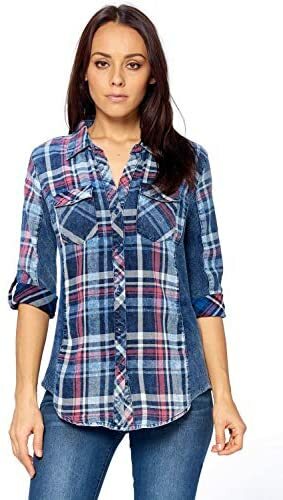 Women shirt top Denim Cotton button down Plaid checkers Ci Sono PTP39 NEW